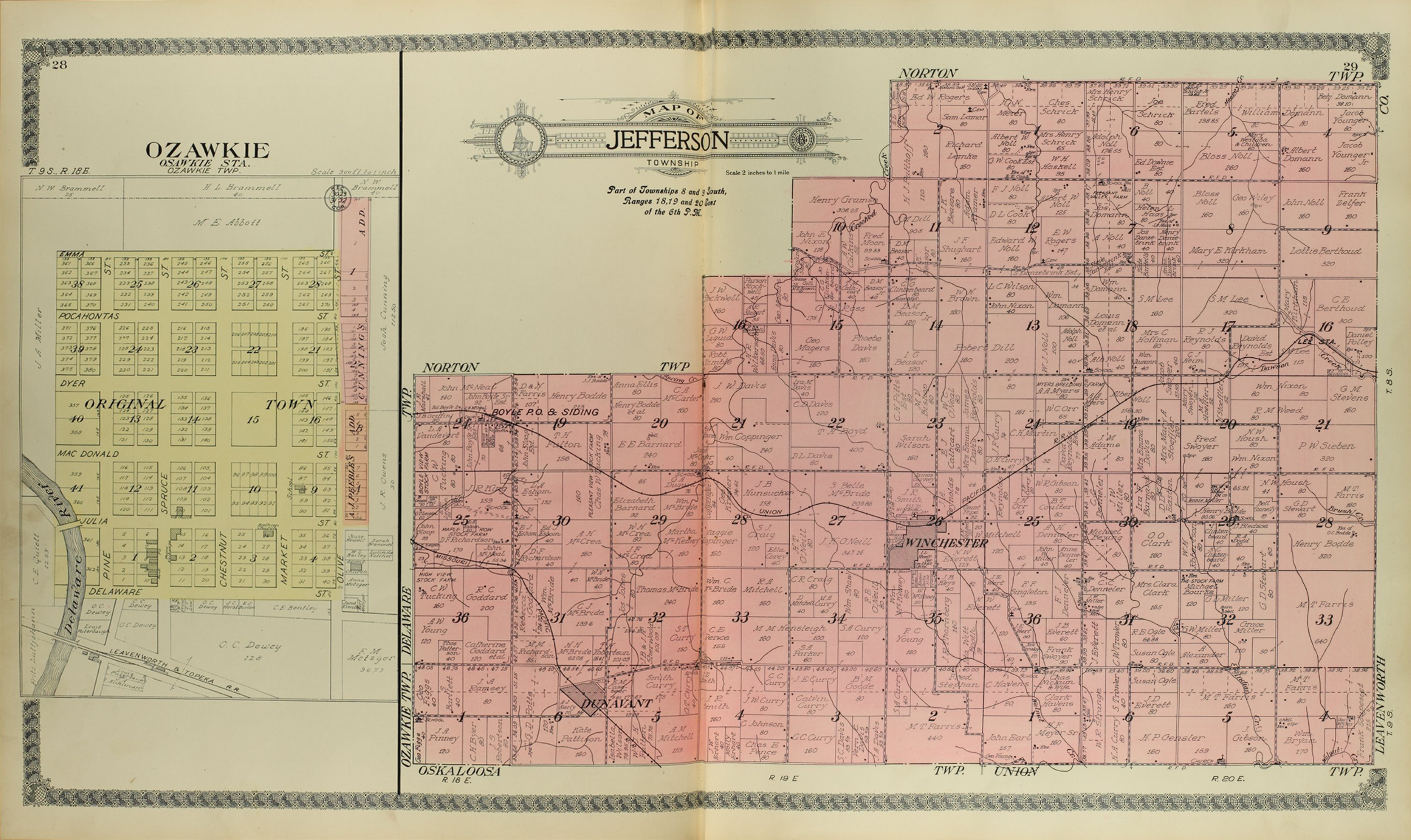 County map with square divisions tinted pink. The legend reads "Map of / Jefferson / Township." To the left is a detail titled "Ozawkie," with square divisions tinted yellow. 