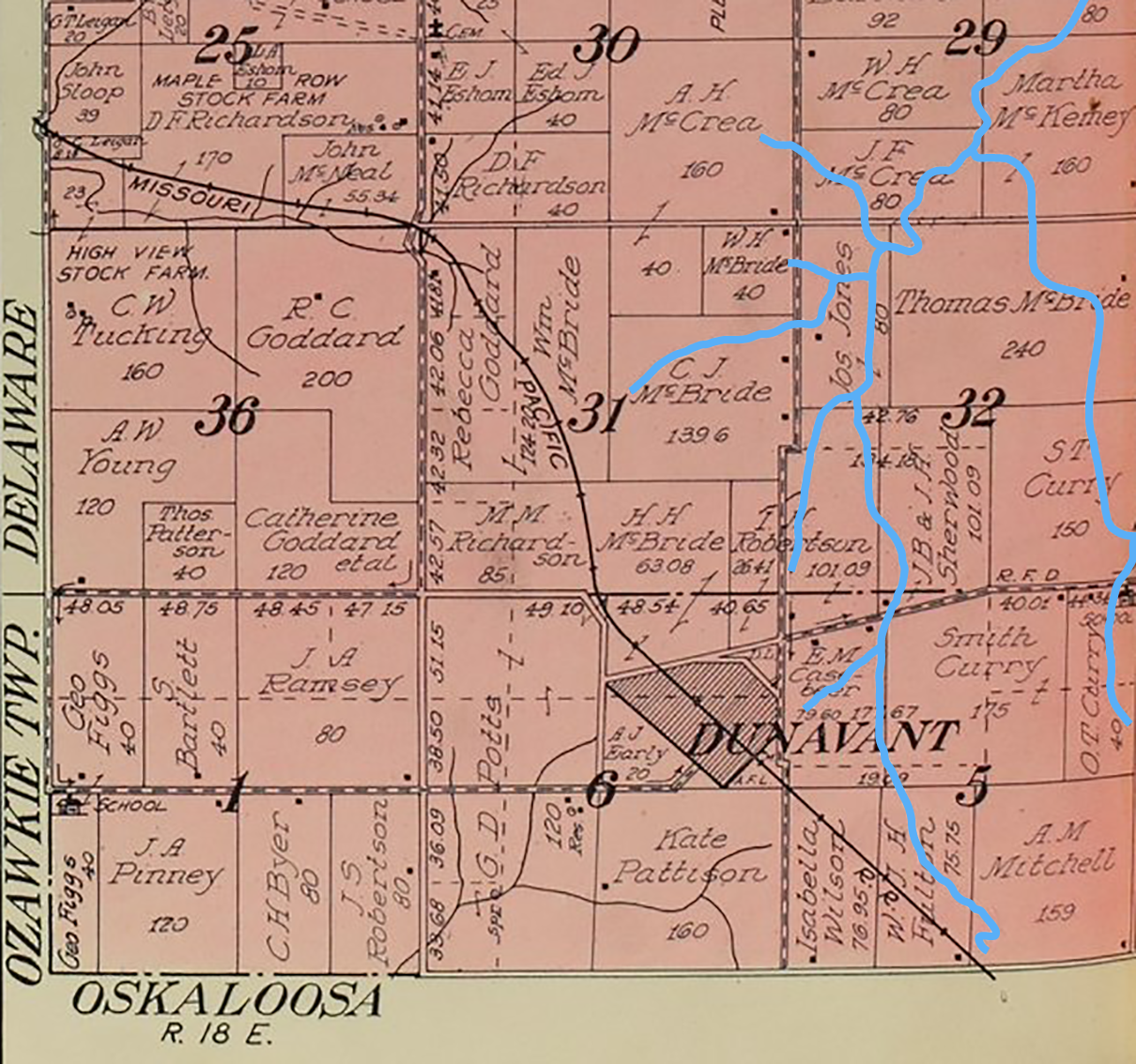 Detail of fig. 1, with a branched blue line indicating the path of a creek.