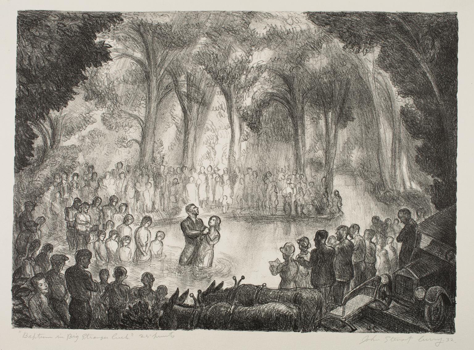 Black-and-white lithograph showing a woman in a white dress being baptized in a river by a man in a dark suit, with people crowded on the banks to watch. Large shade trees frame the composition on either side and fill the background.