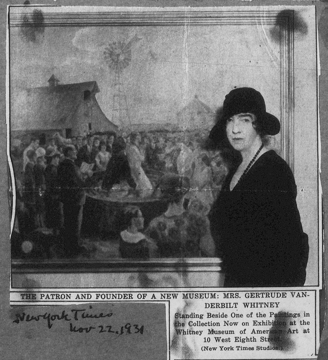 Newspaper clipping showing a photograph of a woman in a black hat standing in front of the painting in fig. 3. The headline reads "The patron and founder of a new museum: Mrs. Gertrude Vanderbilt Whitney." Underneath, in script, is written "New York Times / Nov 22. 1834"
