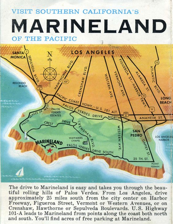 Promotional brochure showing a map of southern Los Angeles tinted in yellow and green. The header reads "Visit Southern California's / Marineland / of the Pacific."
