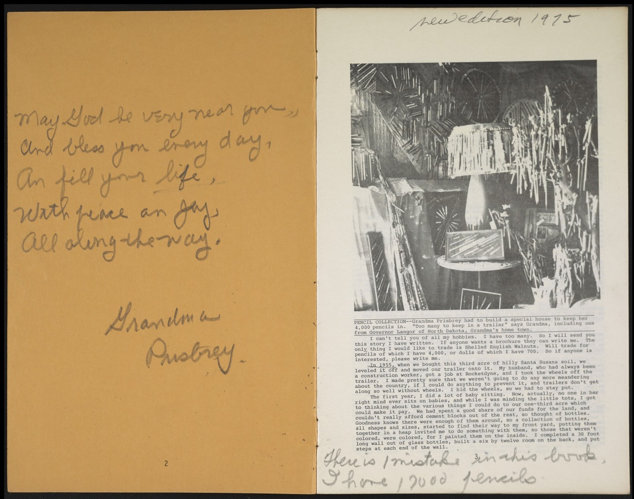 Interior of a brochure featuring a black-and-white photograph and printed text on the right-hand page, under which is penciled "There is a mistake in this book / I have 1200 pencils." On the left hand page is penciled a poem: "May God be very near you / And bless you every day / and fill your life / with peace and joy / all along the way / Grandma / Presbrey."