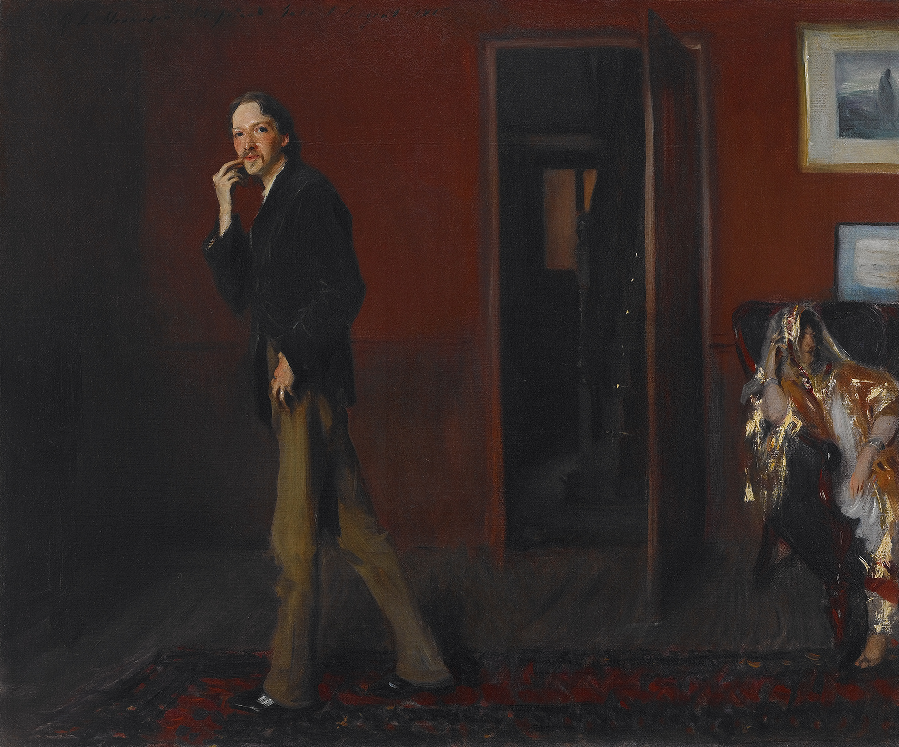 Oil painting of a man walking across a red-painted room, his head turned toward the viewer and one hand touching his moustache. To the right is a woman in a decorative robe lounging on a sofa.