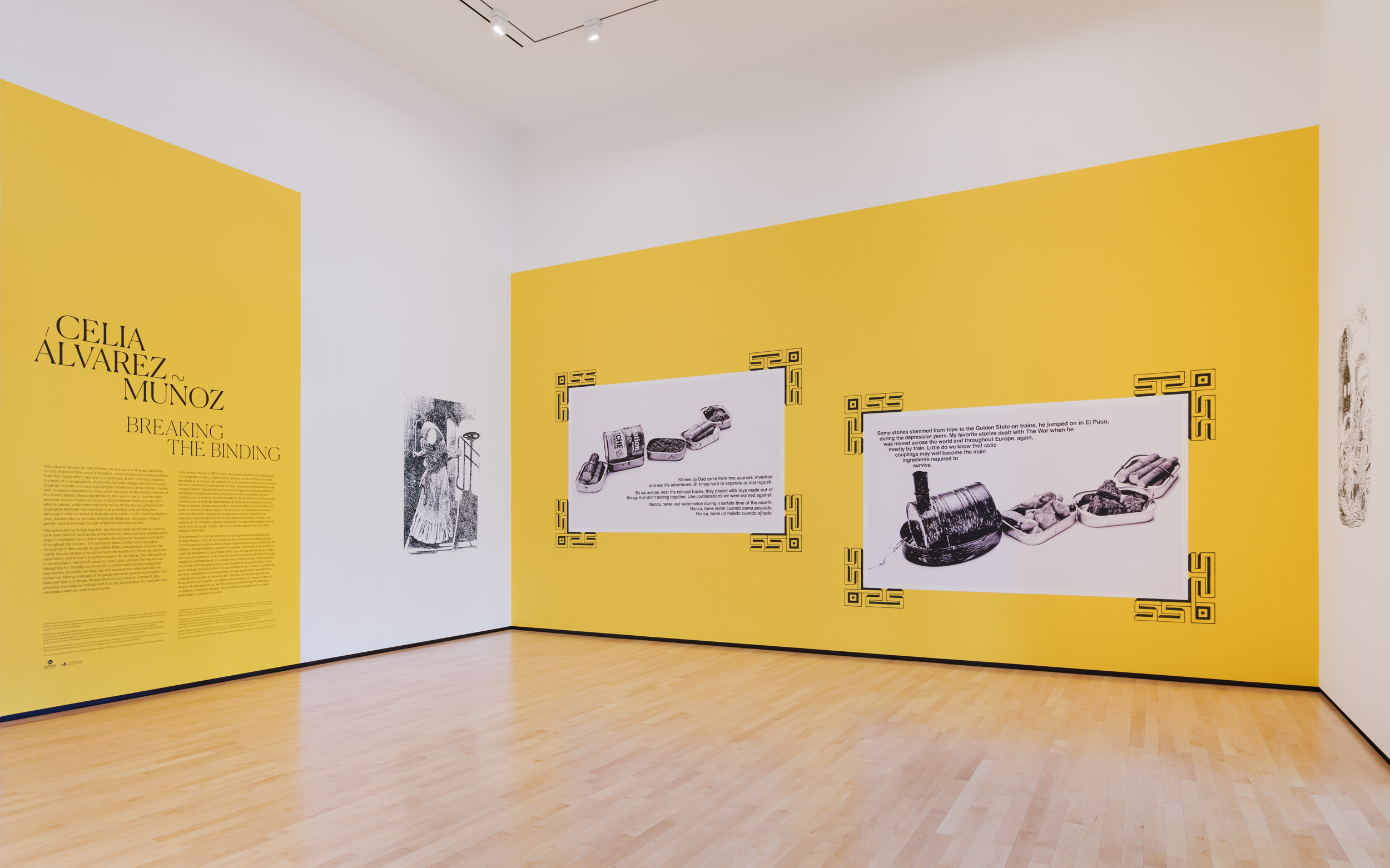 Museum interior showing the corner where two bright yellow walls meet; on the left is a text panel titled "Celia Alvarez Munoz / Breaking the Binding"; on the right are two large black-and-white drawings with accompanying texts, with geometric patterns outlining their corners.