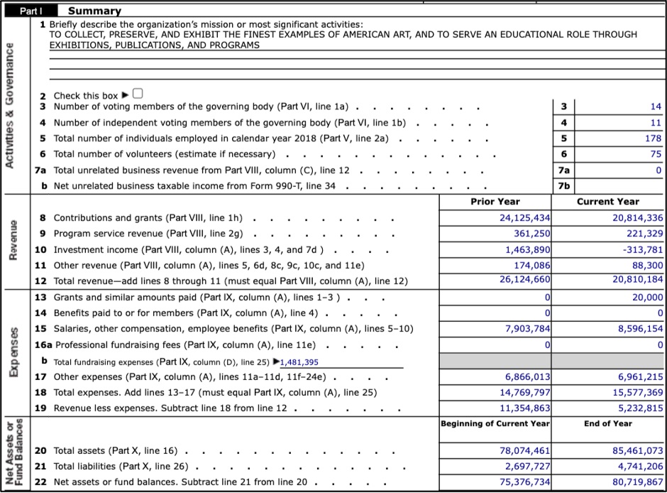 Partial screenshot of a completed IRS form 990, showing the categories "Activities & Governance," "Revenue," "Expenses," and "Net Assets or Fund Balances."