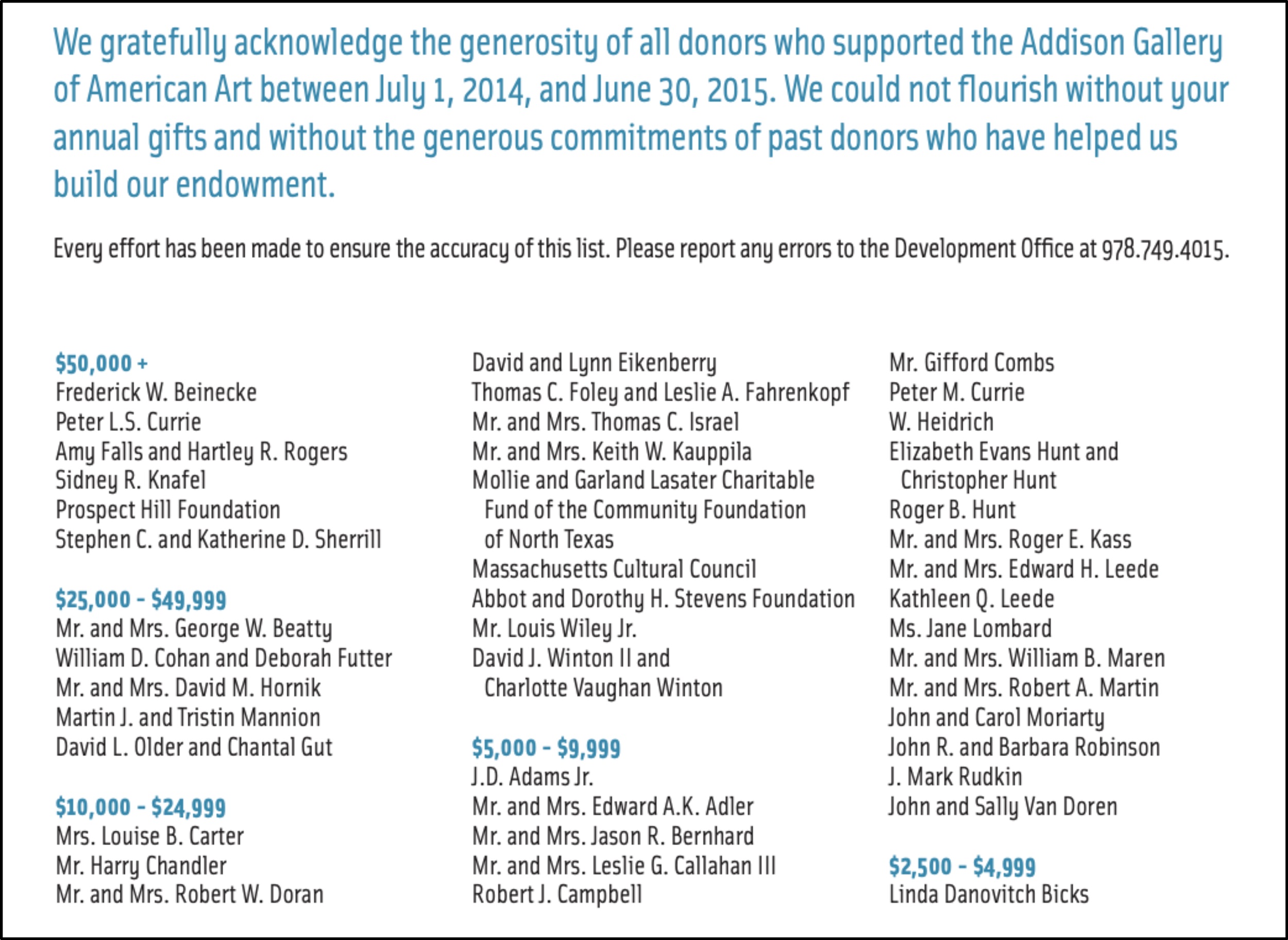 Screenshot of a donor recognition page with the header "We gratefully acknowledge the generosity of all donors who supported the Addison Gallery of American Art between July 1, 2014, and June 30, 2015. We could not flourish without your annual gifts and without the generous commitments of past donors who have helped us build our endowment," followed by a list of donors at various financial levels.
