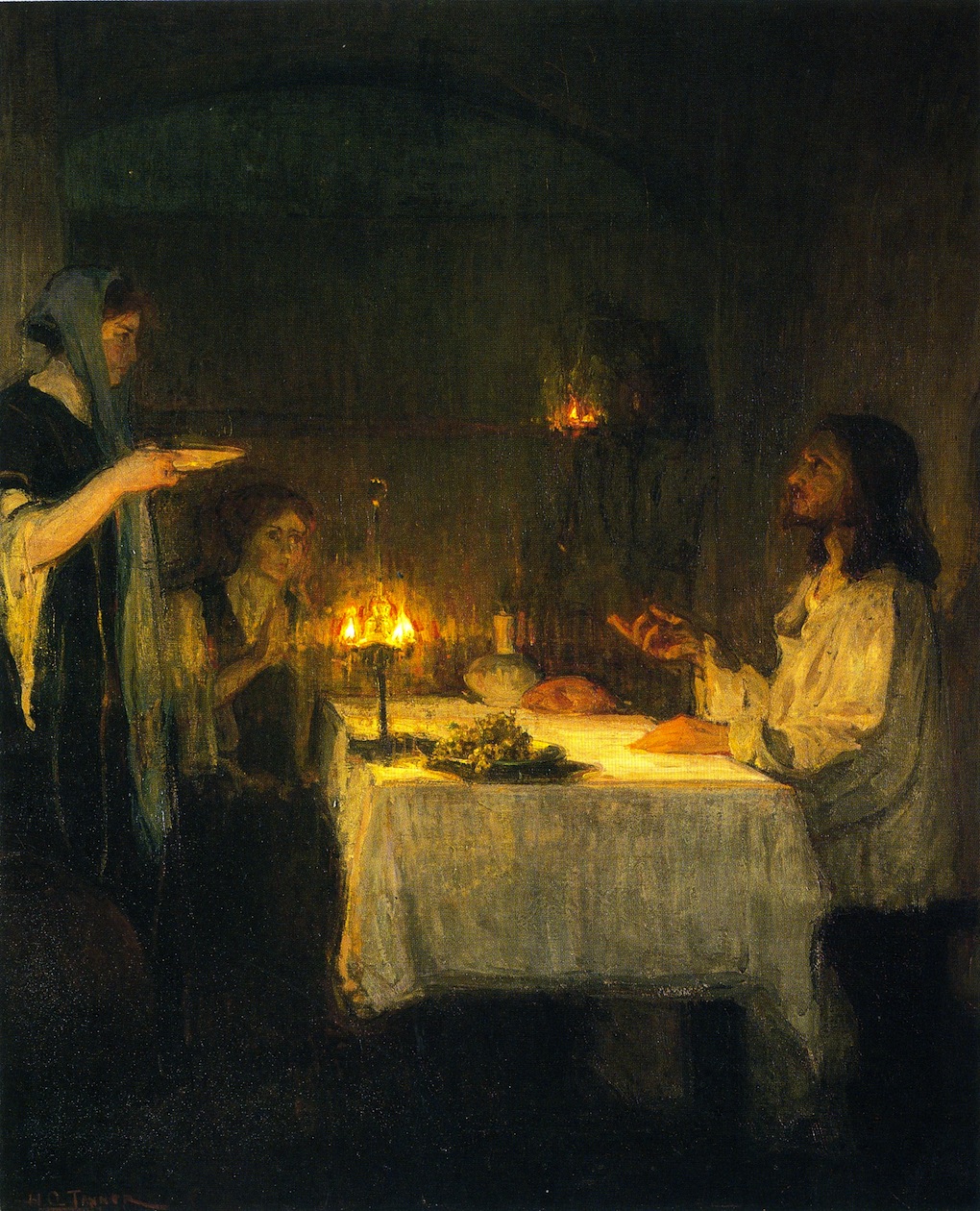 Oil painting showing three figures around a table covered with a white cloth. On the right, seated, is a male figure representing Christ, with one hand lying on the table and the other gesturing to a standing female figure on the left, representing Martha, who is holding a plate. Between them is a seated female figure representing Mary, who holds her hands in front of her in a gesture of prayer.