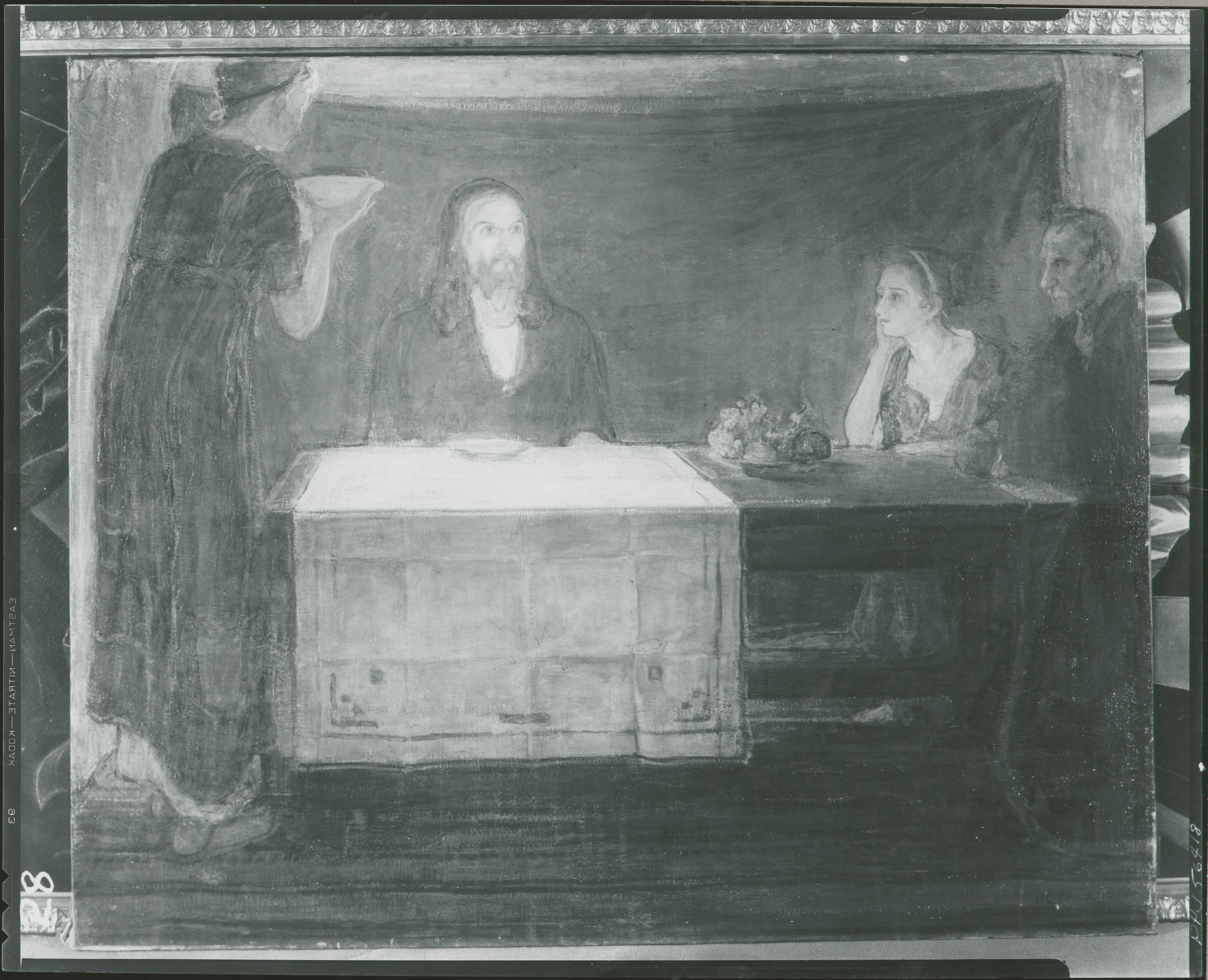 Black-and white photograph of an oil painting featuring four people seated at a table covered with a white cloth. In the center is a man, representing Christ, with both hands on the tabletop. To the right is a seated female figure with her head resting in one hand, accompanied by a male figure in dark clothing. To the left is a standing female figure holding something on a plate.