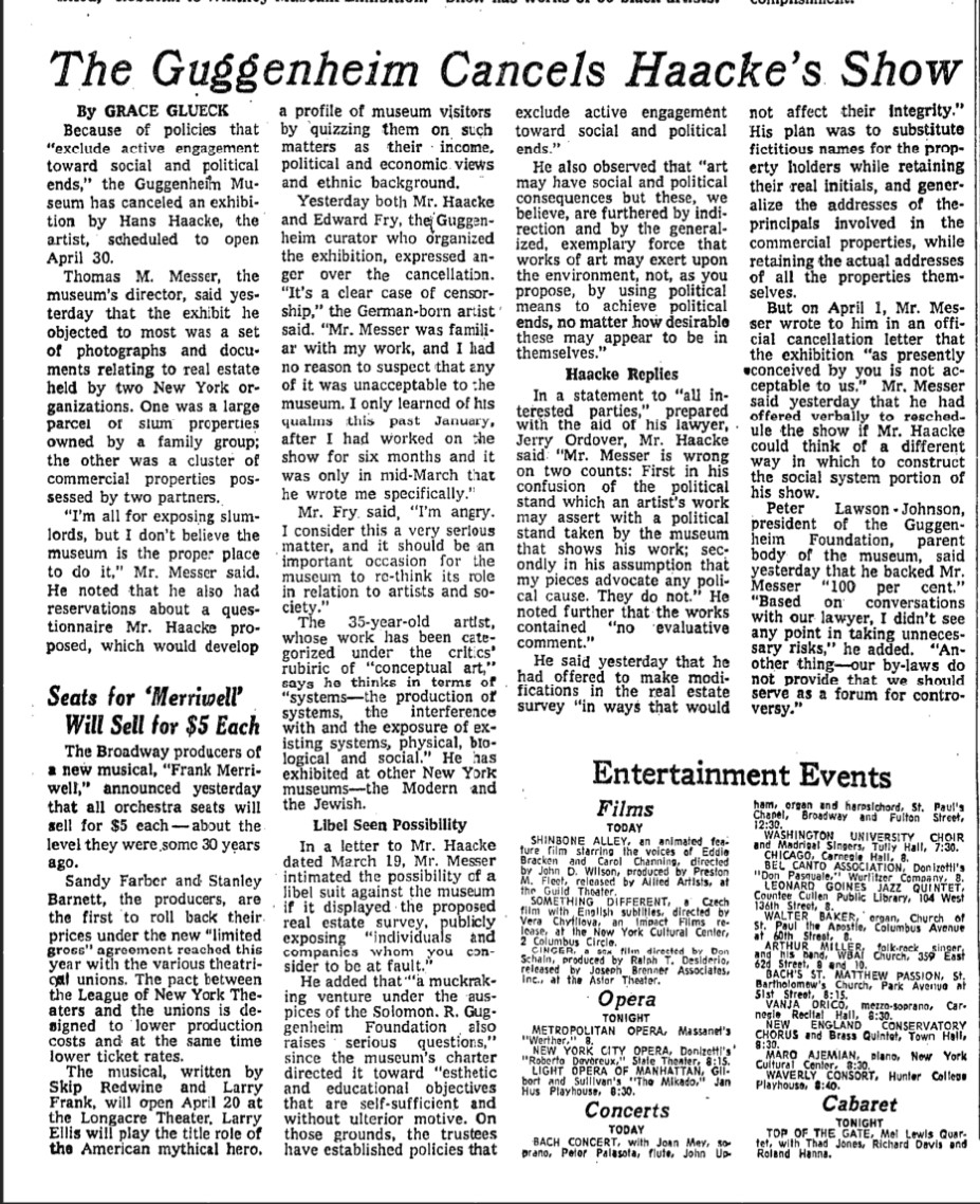 Newspaper clipping with headline "The Guggenheim Cancel's Haacke's Show"
