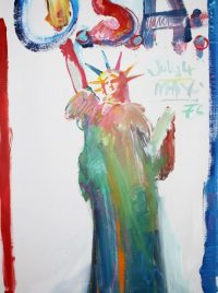 Colorful, freely painted rendition of the Statue of Liberty against a white background. Painted above are the words "U.S.A. / July 4 / Max / 76"