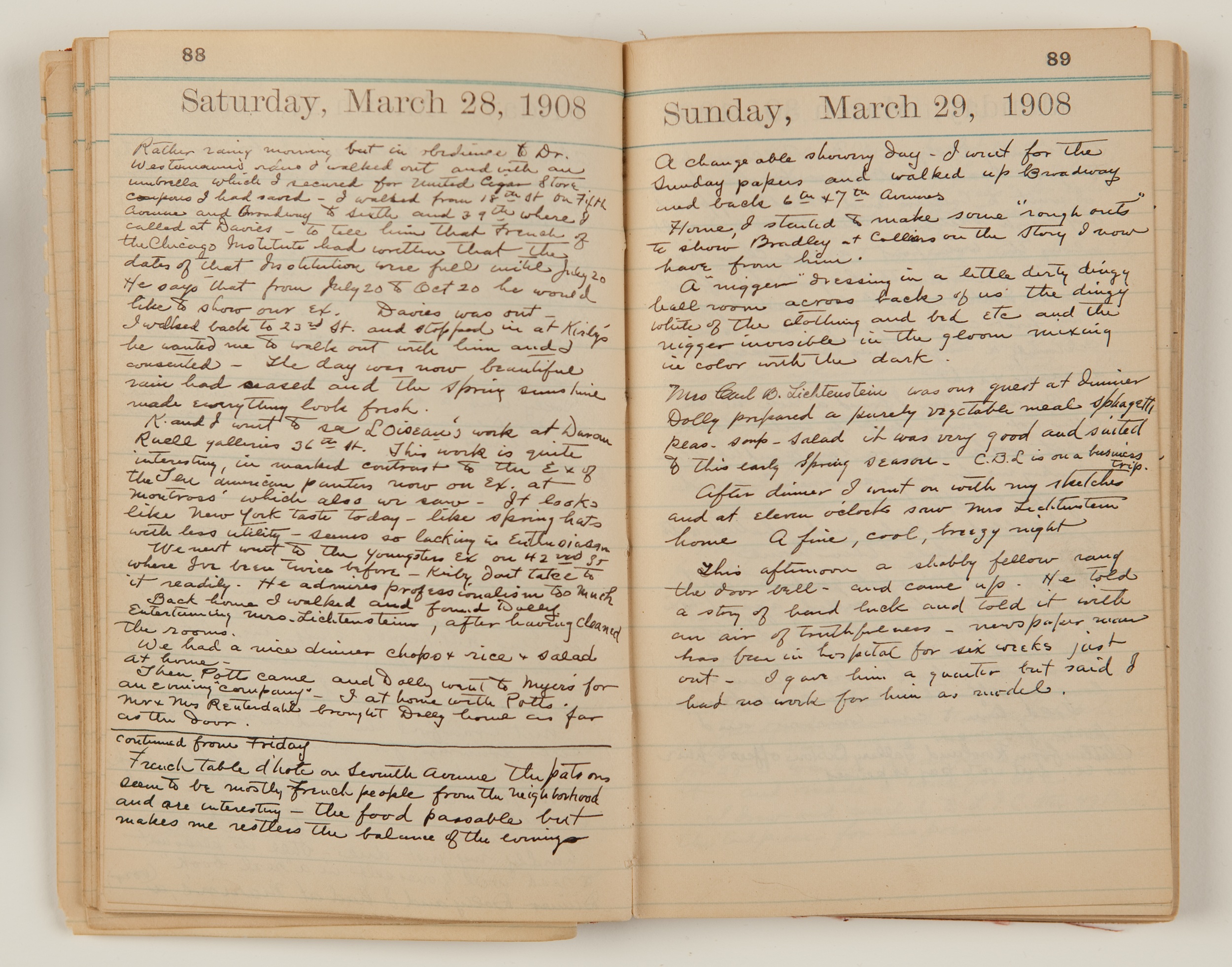 An open journal with faintly lined pages, written on in neat cursive writing. Printed headers at the top of each page read "Saturday, March 28, 1908" (left) and "Sunday, March 29, 1908" (right)