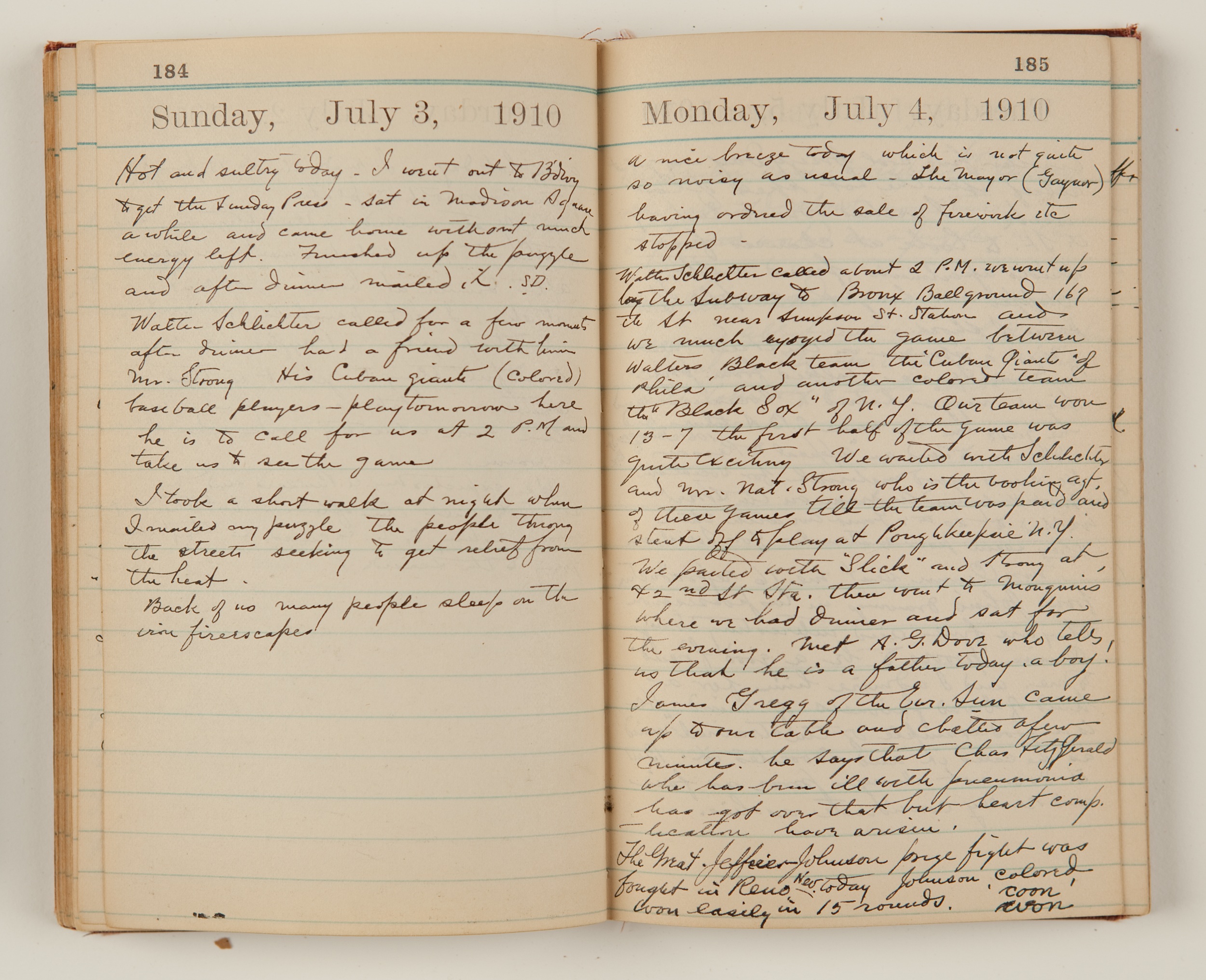 An open diary or journal with faintly lined pages, written on in loose cursive script. A printed header at the top of each page reads "Sunday, July 3, 1910" (left) and "Monday, July 4, 1910" (right).