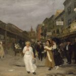 Oil painting of urban street scene, with elevated train tracks and storefronts converging in one-point perspective. Several figures gather in front of a theater marquee on the left, including men in dark suits, a woman in a white shift carrying a pail, and several more women with furs and hats.