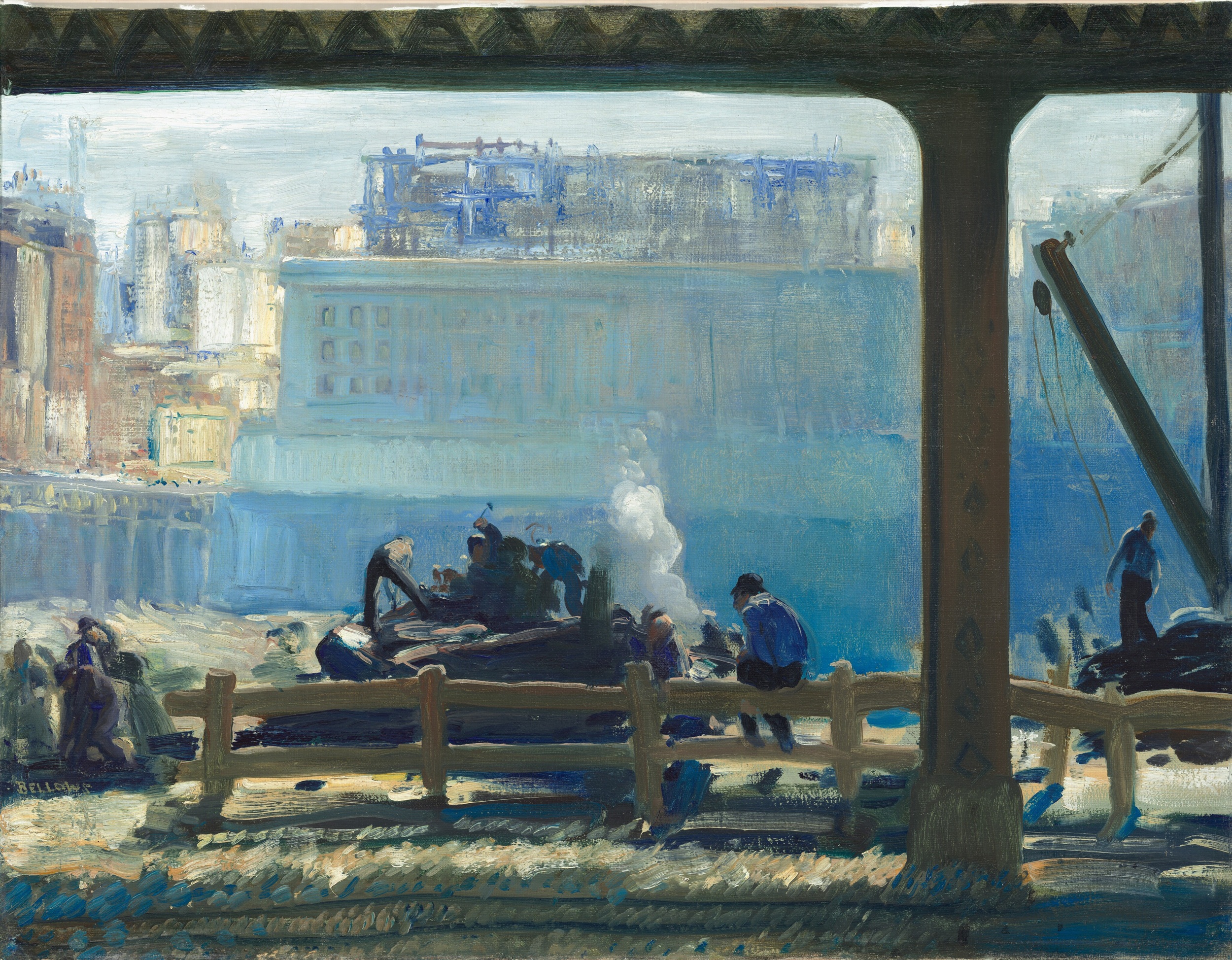 Loosely painted oil painting of the underneath of a bridge or elevated road, showing the backs of several workers facing toward a large open pit. The pit and the city buildings beyond are bathed in shades of blue, yellow, and turquoise.