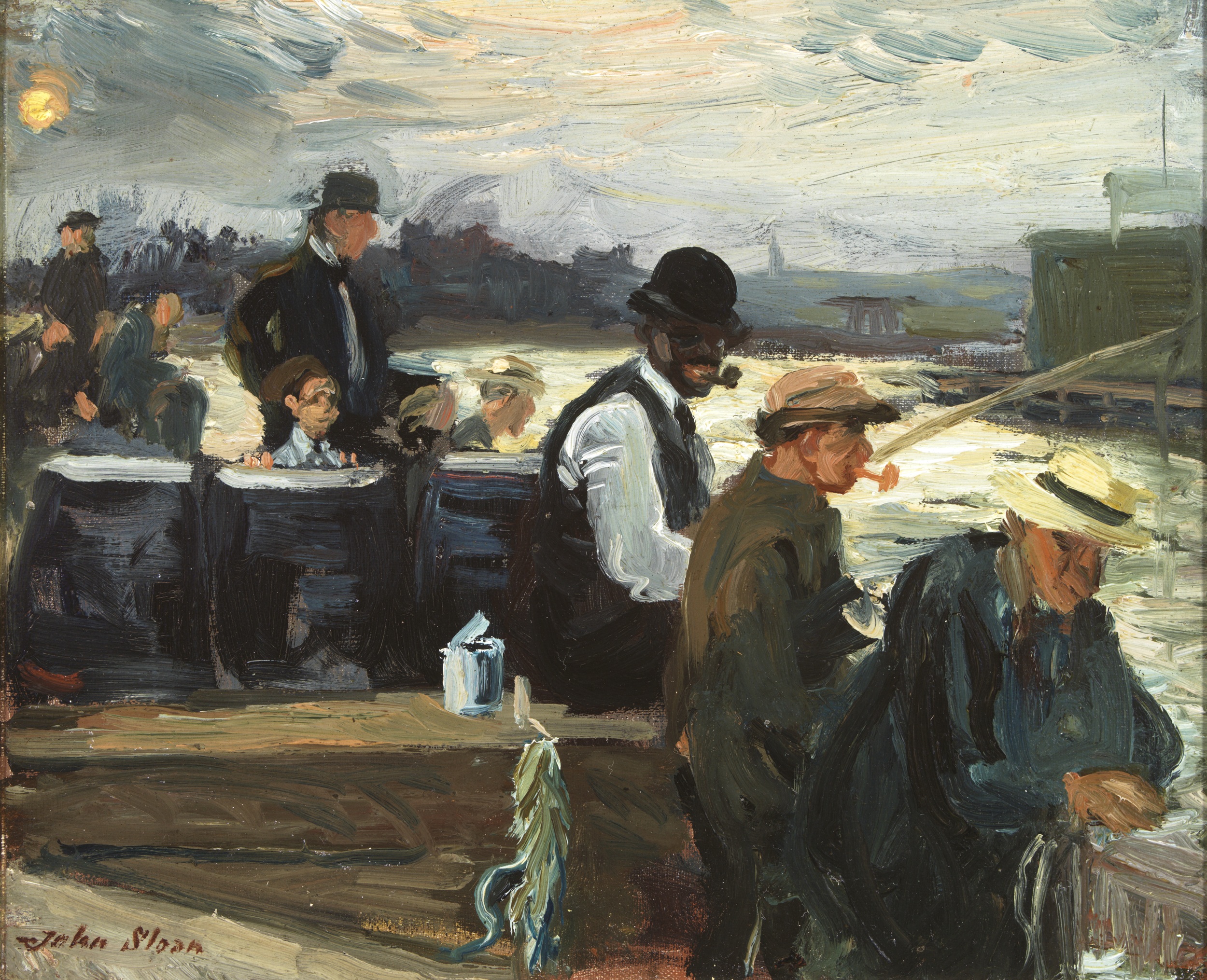 Loosely painted oil painting of a group of men fishing at the bank of an industrial river. All the men are white except for one Black man in the middle, wearing white shirtsleeves and a derby hat and turning to smile at the viewer. His mouth is painted with exaggerated red lips holding a pipe in his teeth.