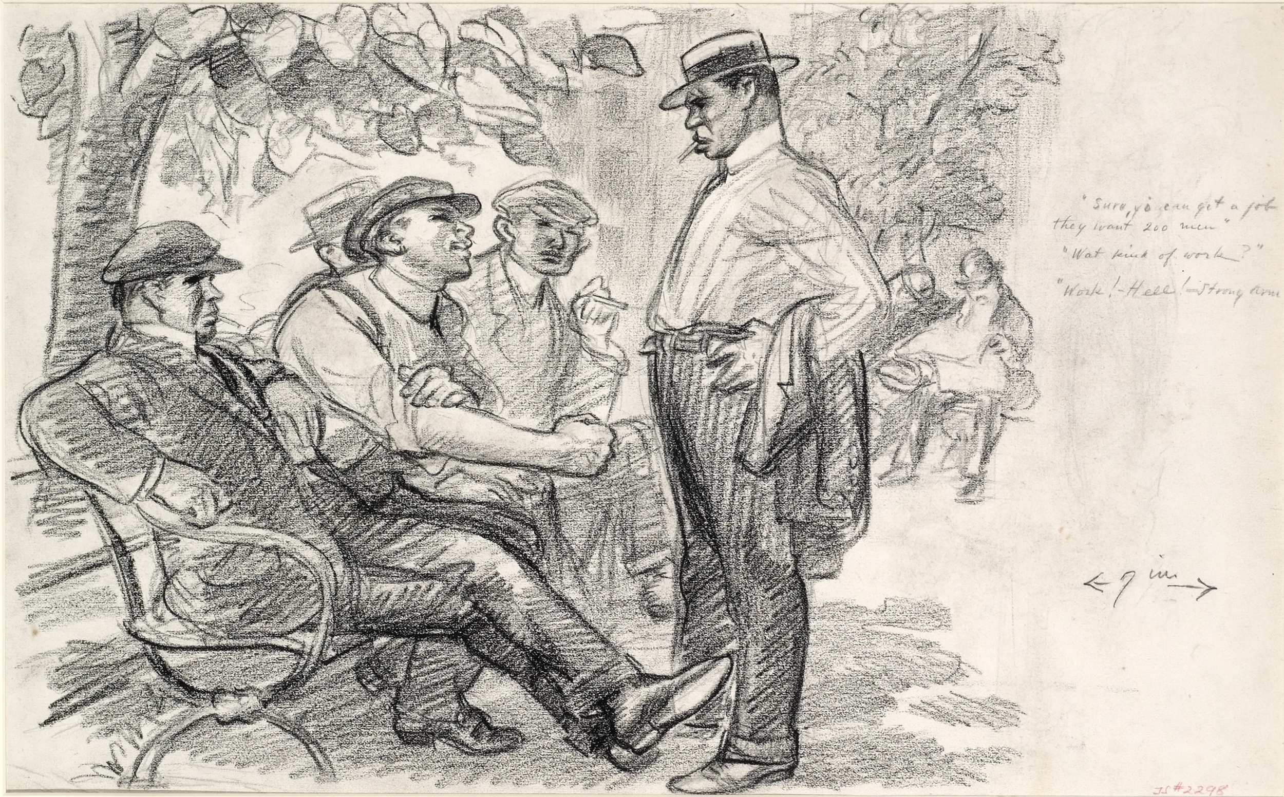 Graphite drawing of several Black men conversing in a park setting, under trees. Four men are seated on a park bench, while another, who smokes a cigarette, wears a straw boater hat, and carries his jacket under his arms, stands facing them with his hands on his hips.