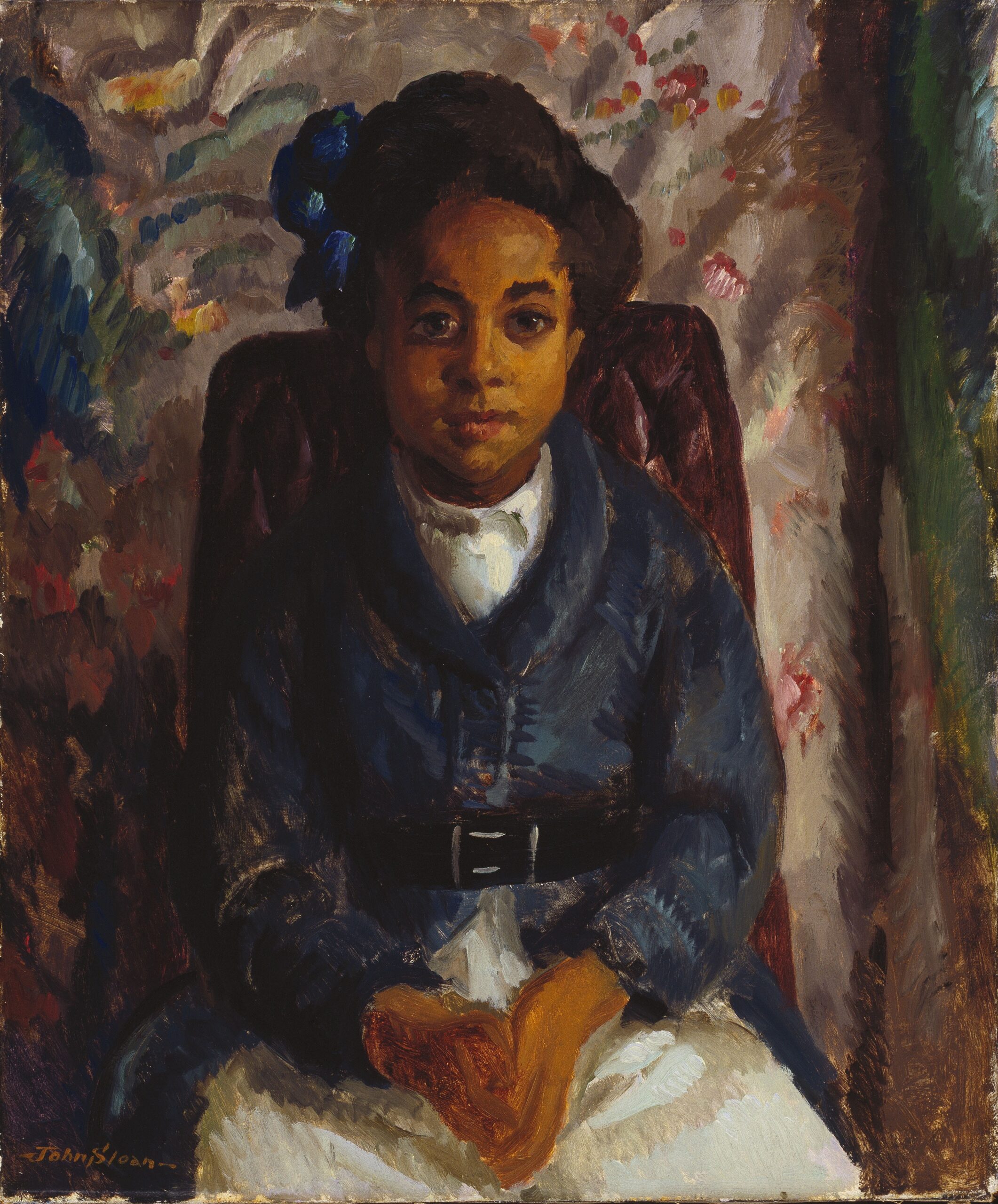 Sketchily painted oil painting of a gently smiling young Black girl seated in a chair in front of a vaguely ornamental background. The girl wears a white dress, blue jacket, and a blue bow in her hair, and her hands are folded on her lap.