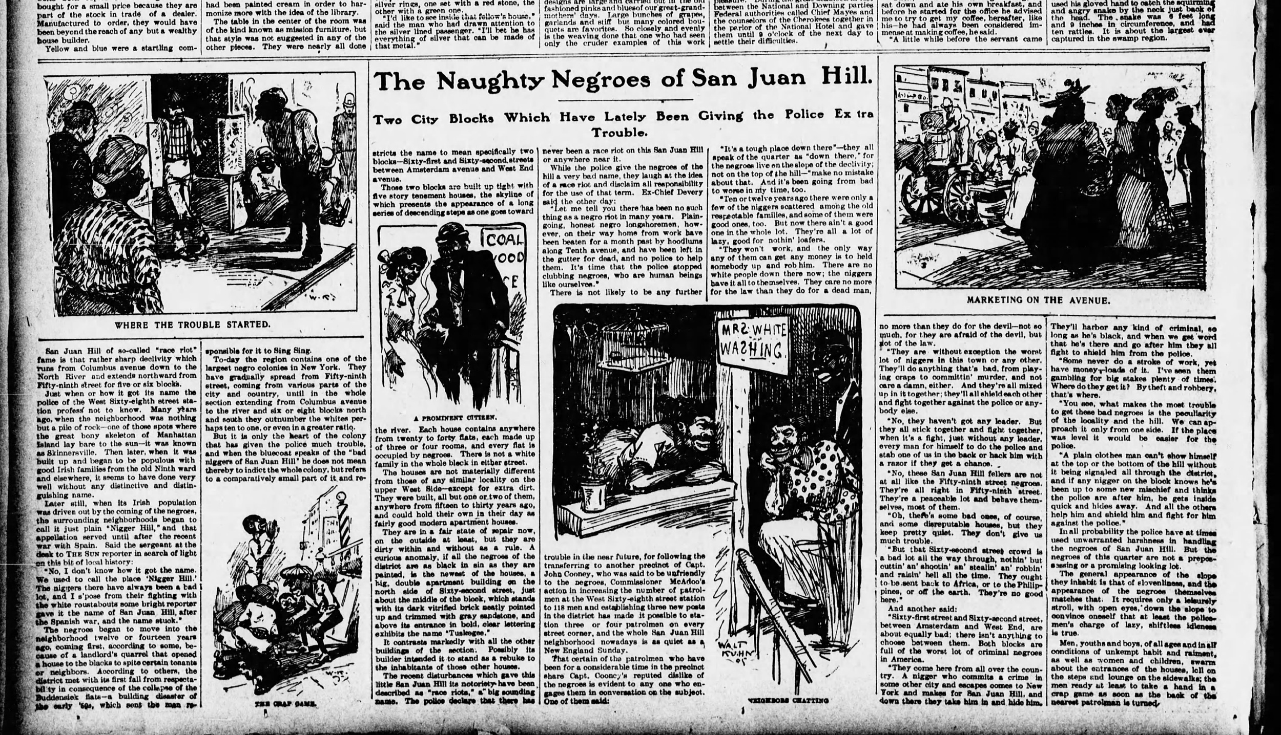 Bottom section of an undated print newspaper, showing a headline reading "The Naughty Negroes of San Juan Hill/ Two City Blocks Which Have Lately Been Giving the Police Extra Trouble, surrounded by illustrations titled "Where the trouble started," "The Crap Game," "A Prominent Citizen," "Neighbors Chatting," and "Marketing on the Avenue"