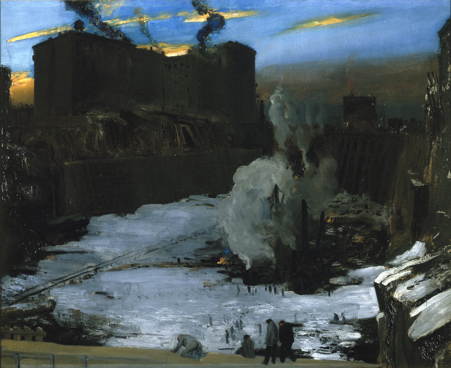 Loosely painted oil painting of an industrial scene that appears to be an enormous pit filled with snow, with workers standing inside it and on its edge. A large building, in shadow, with smoke coming out of its chimneys, is on the far side of the pit, in front of a late-evening or early-morning sky in deep blue and gold.