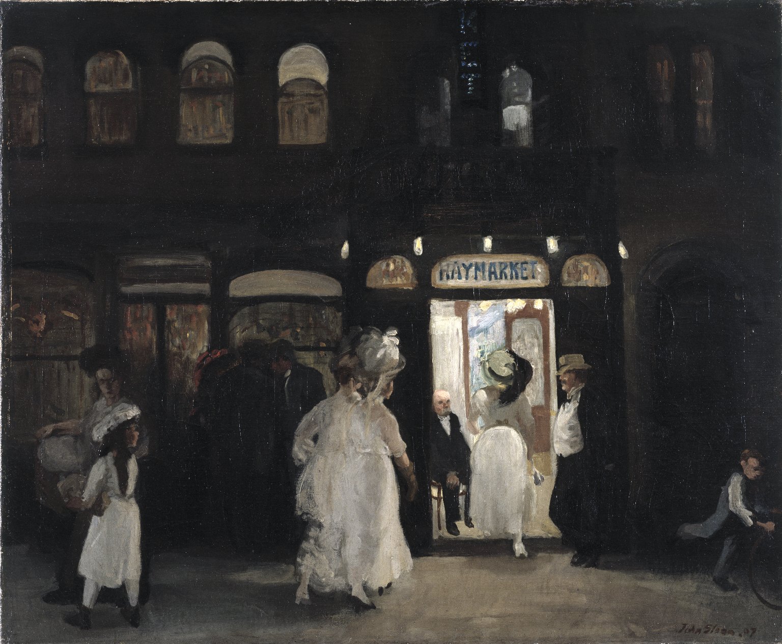 Oil painting of a storefront with the word "Haymarket" on a sign above the brightly lit entrance. In the dark outside are several figures, including men in dark suits and women in white dresses. To the left are a woman and a young girl, who looks back at the open doorway.