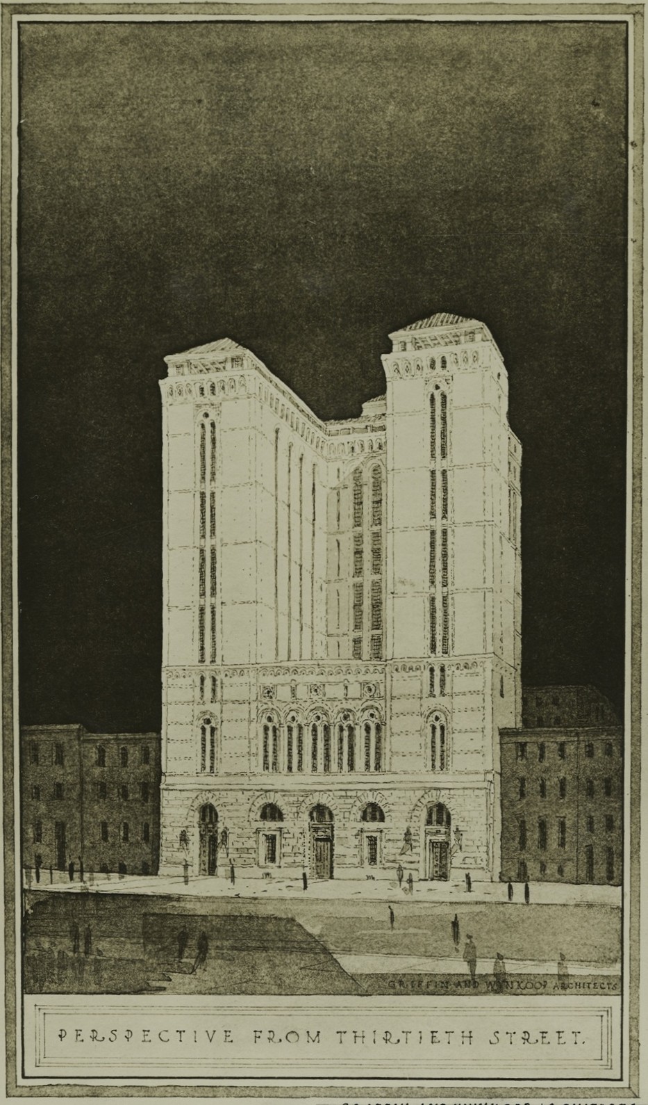 Architectural drawing of a multistory urban building with a recessed facade and an arcade at the ground level. The legend underneath reads "Perspective from thirtieth street."