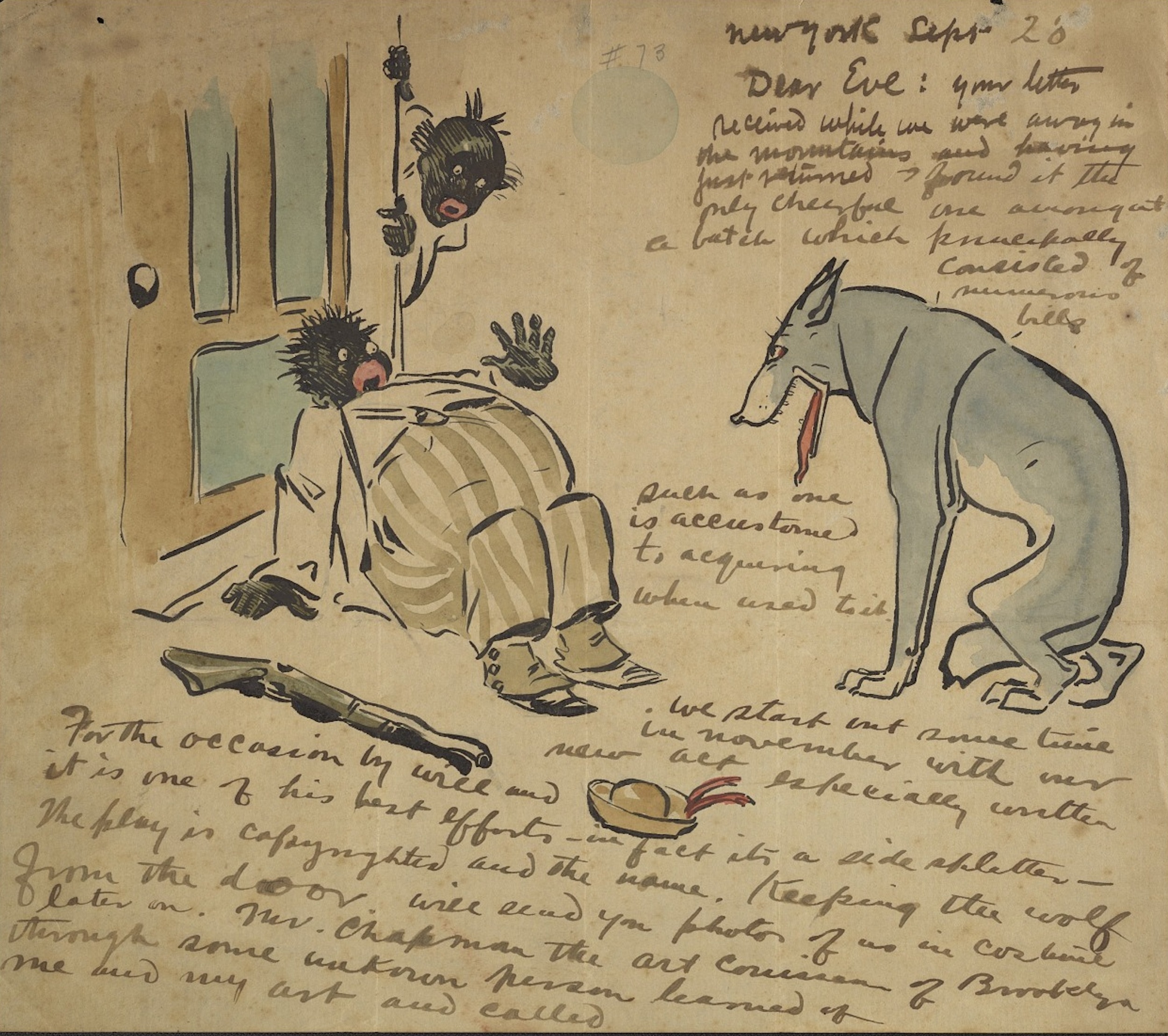 Hand-drawn cartoon showing showing a seated wolf, on the right, facing down two racially stereotyped figures in blackface, with dark skin, round eyes, hair in spikes, and thick red lips. One figure, who has a large stomach, sits on the ground and braces himself against a door; a shotgun is at his right hand. The other peeks out from behind the door, and only his face, shoulders, and hands can be seen. There is partially legible handwriting above and below the cartoon, as well as between the wolf and the figure with the shotgun.