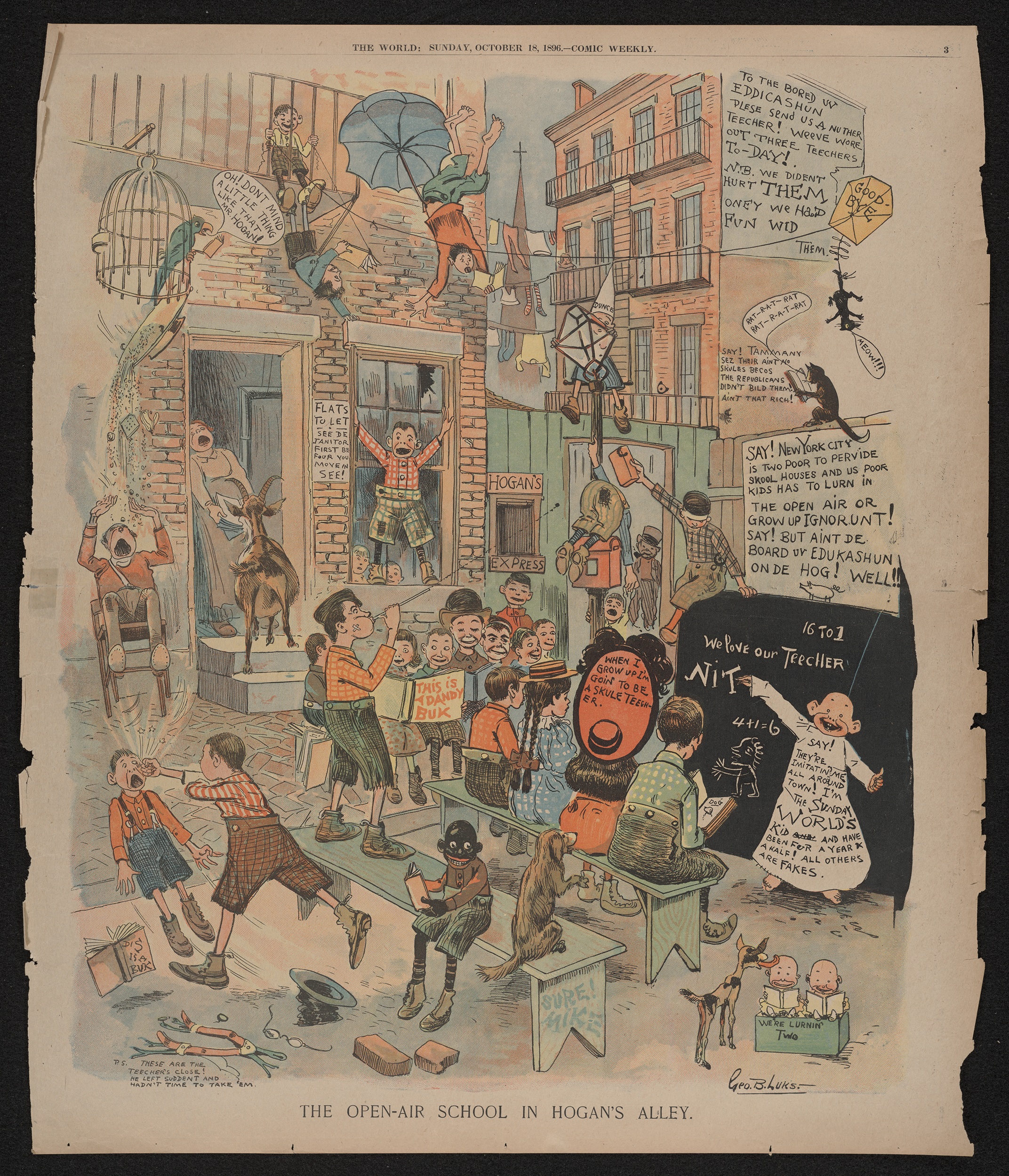 A printed cartoon with the caption below: "The open-air school in Hogan's Alley." Above reads "The World, Sunday, October 18, 1896—Comic Weekly." The scene is one of a space between brick tenement-like buildings in an urban setting, populated by dozens of children and several animals. Two benches are set up in a makeshift school, although most of the children are misbehaving in various exaggerated ways and paying little attention. In the center foreground, seated on one of the benches but facing away from the blackboard, is a racially caricatured black child holding a book, with dark skin, round white eyes, and thick red lips in a wide grin.