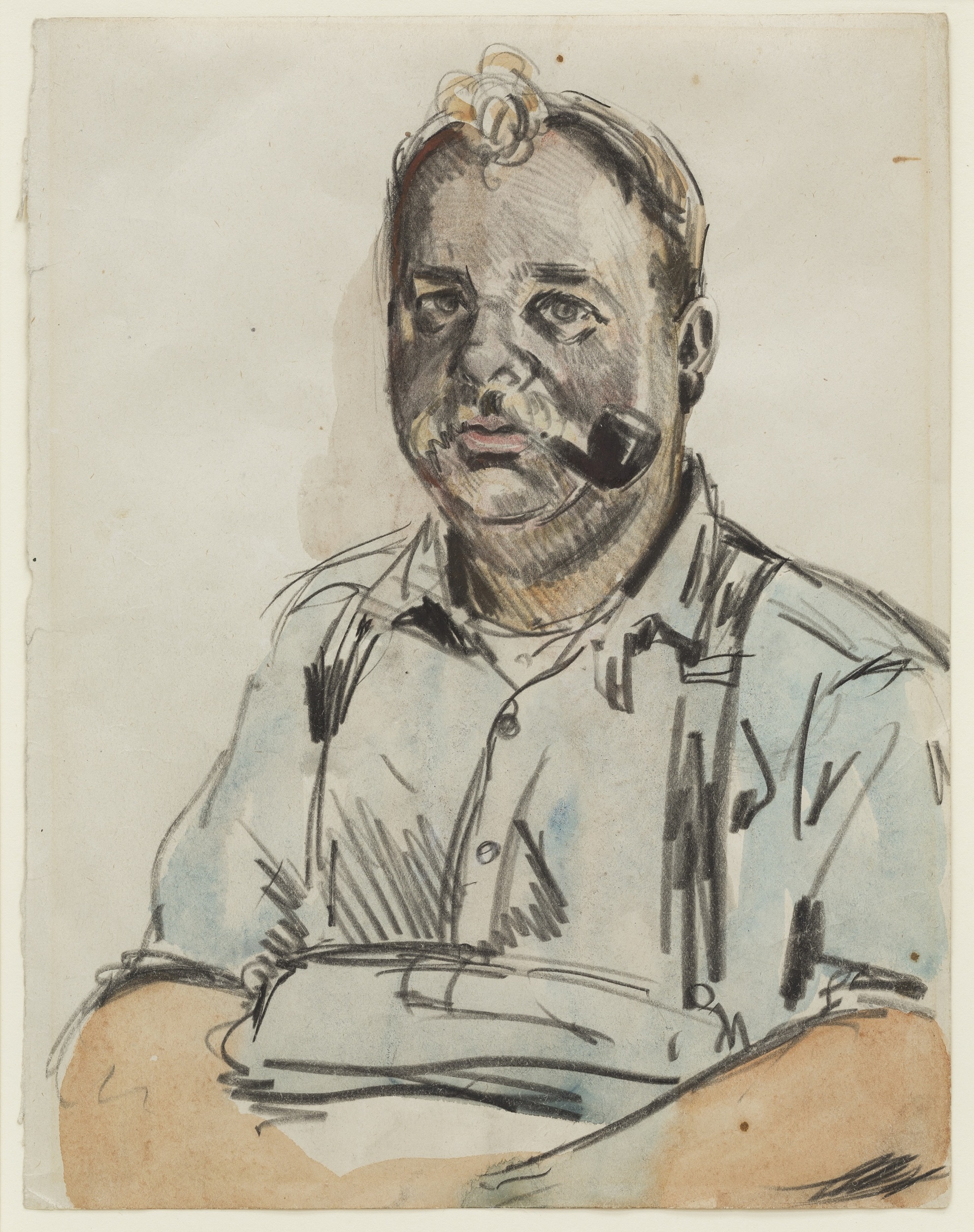 Watercolor bust-length portrait of a middle-aged main, wearing a short-sleeved blue shirt with suspenders and smoking a pipe. The man's blond hair comes to a curl in the center of his forehead; his face bears the traces of dark dirt or makeup.