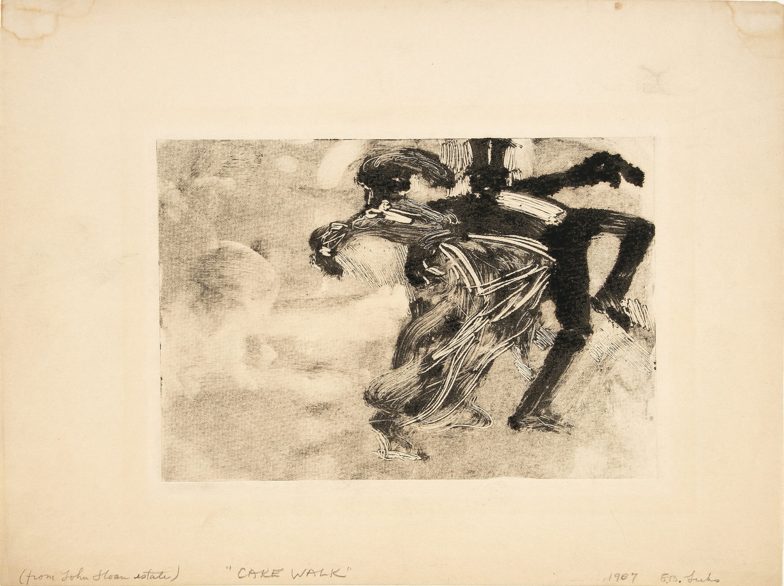 Freely drawn black-and-white print of two apparently Black dancers wearing formal evening clothes, the man in a tuxedo and top hat. They step exaggeratedly to the right, with their arms and left knees held high.