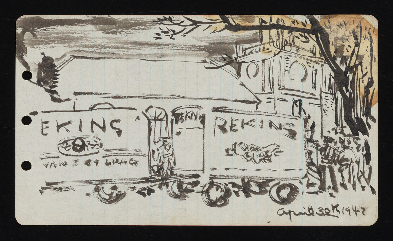 Ink drawing on faintly lined paper, with the lines running vertically, showing two trucks labeled "Bekins" parked in front of a church building, with several figures standing at the rear of the trucks.