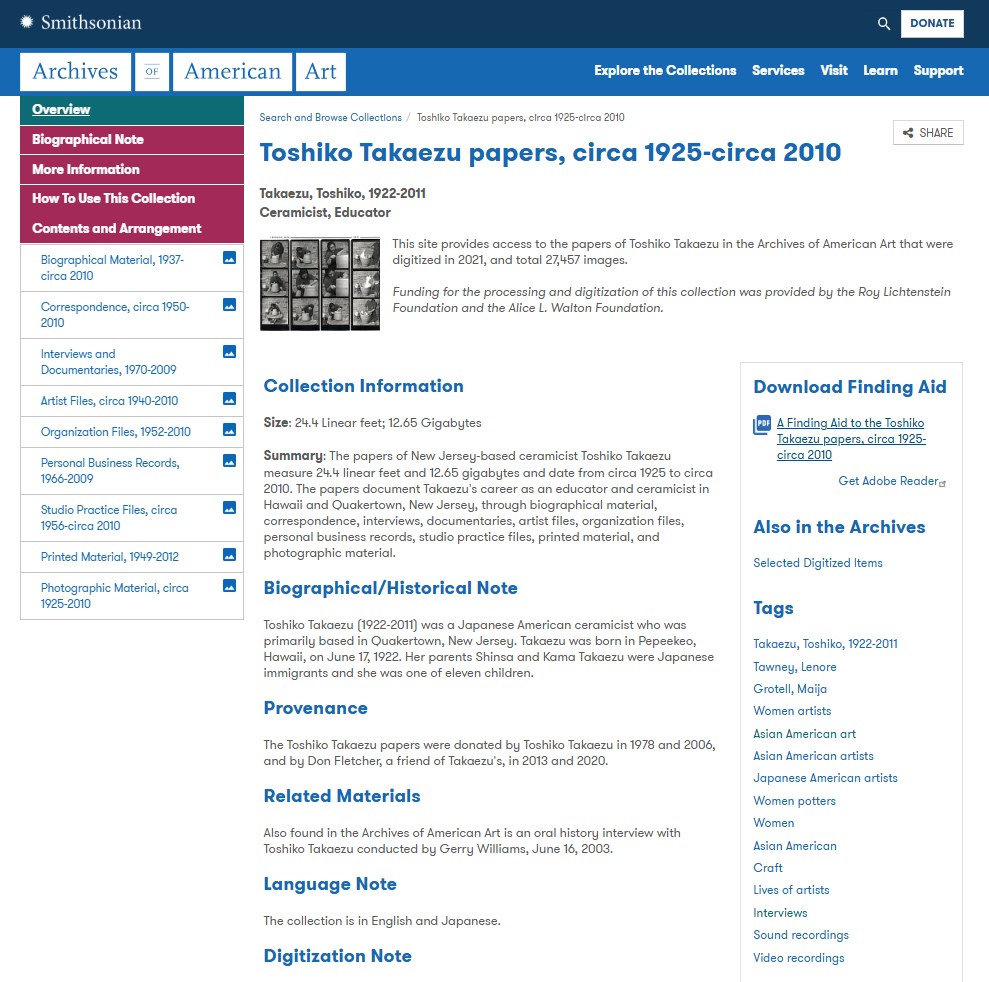 Website screenshot, reading "Smithsonian / Archives of American Art" along the top banner. The title of the page is "Toshiko Takaezu papers, circ a1925–circa 1910."