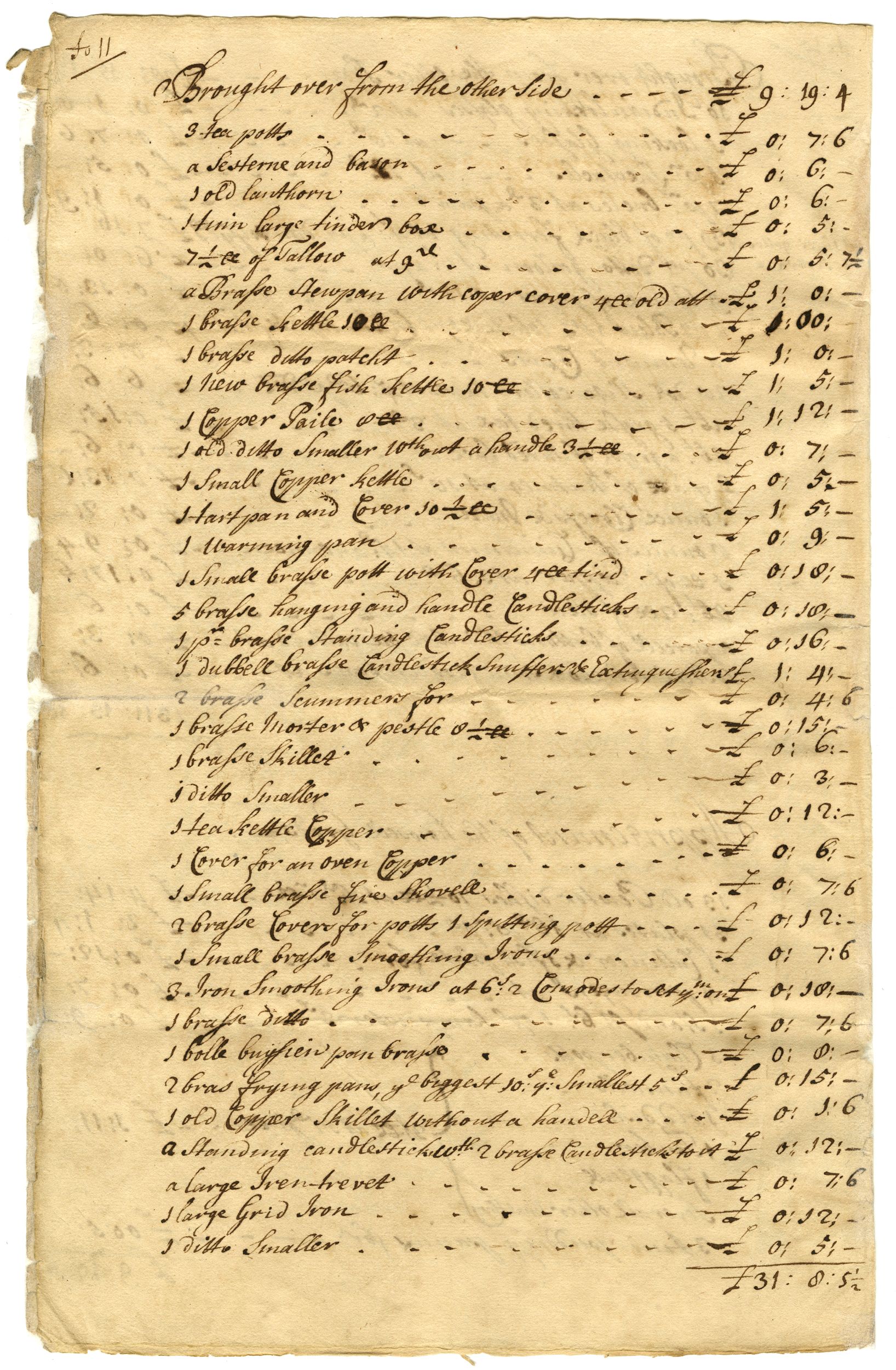 Handwritten list in sepia ink on yellowed paper with uneven left edge. Items are on one side of the list, values on the other.