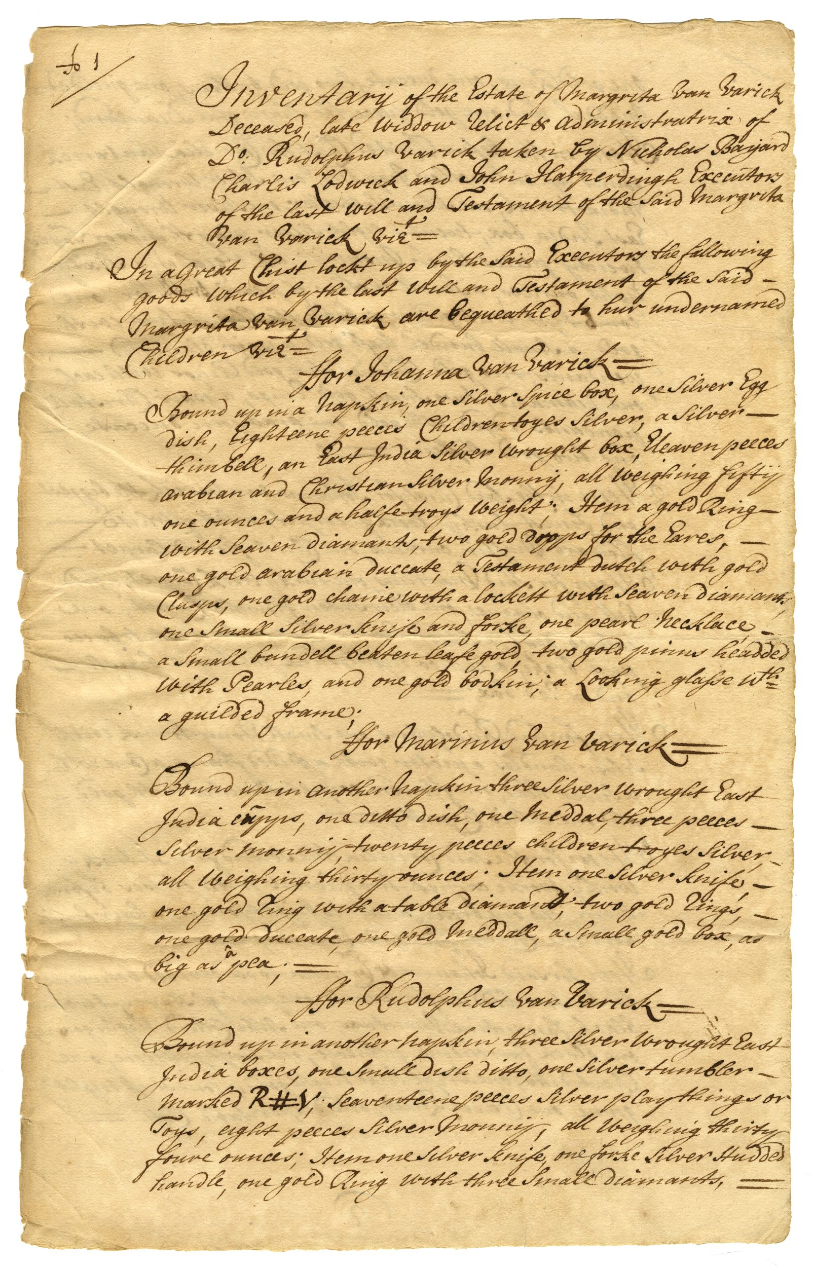 Handwritten document in sepia in on yellowed paper with an uneven left edge. The first words are "Inventary of the Estate of Margrieta Von Varick"
