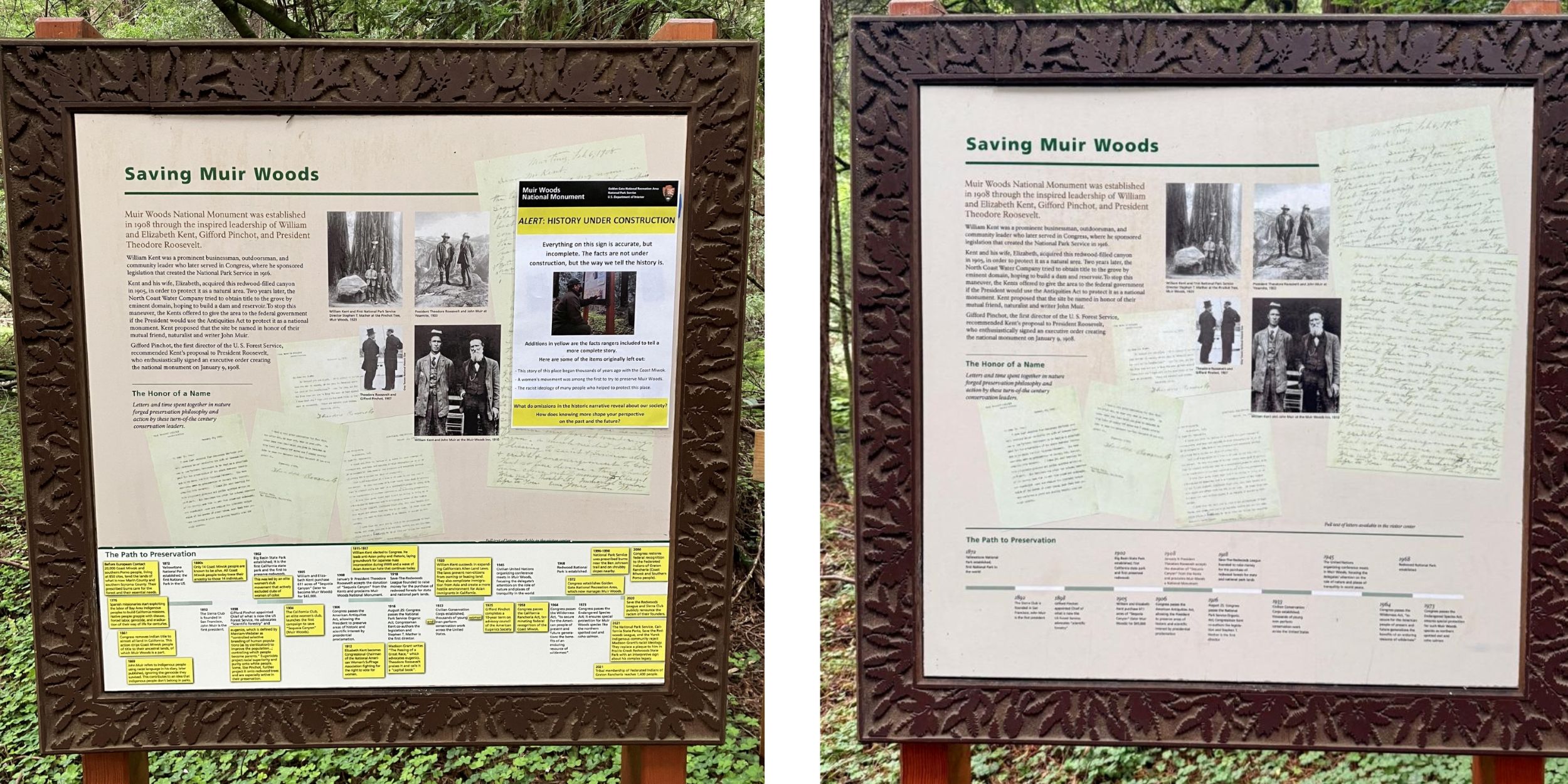 Two photographs of the same sign, side by side, both titled "Saving Muir Woods." The first has an information box with the header in bright yellow "Alert: History Under Construction," and the timeline below has entries in yellow boxes. In the second photo, the "History Under Construction" box and the yellow entries in the timeline have been removed.