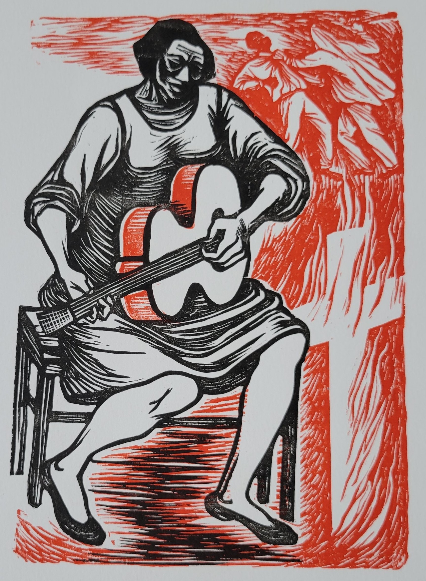 Woodcut in black and red ink on white paper showing a woman seated on a bench playing a guitar. In the background, rendered in red ink, is a cross, above which a hooded man holding a club strikes a Black man.
