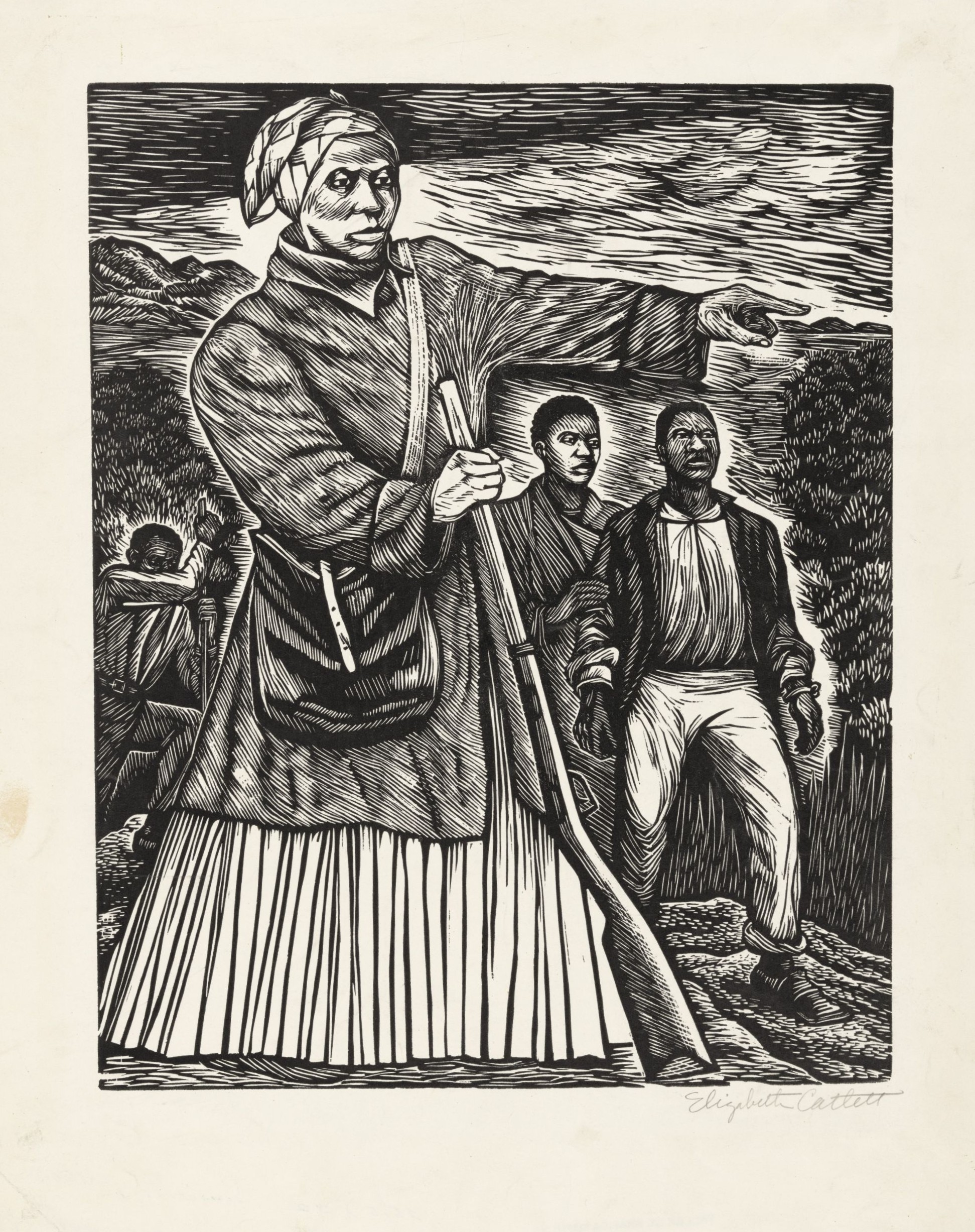 Black-and-white print of a woman standing in a landscape holding a rifle, directing a group of Black men with a pointing gesture. She wears a long dress and coat and a headscarf and is carrying a large satchel.