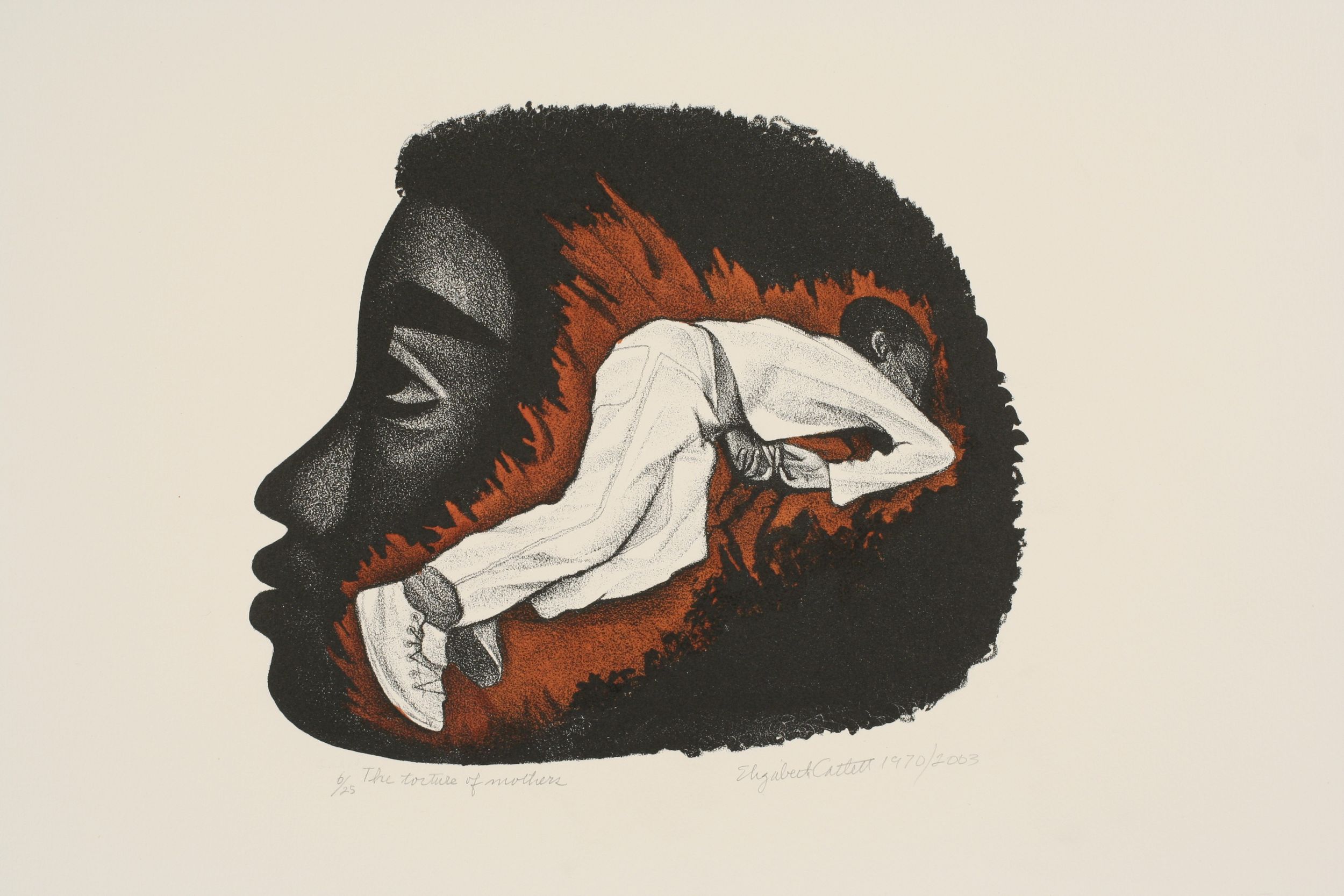Black, white, and red print of a profile of a Black man's head, within which is the figure of a Black youth lying face-down, his arms underneath him, dressed all in white. The youthful figure is surrounded by a red shape with jagged edges.
