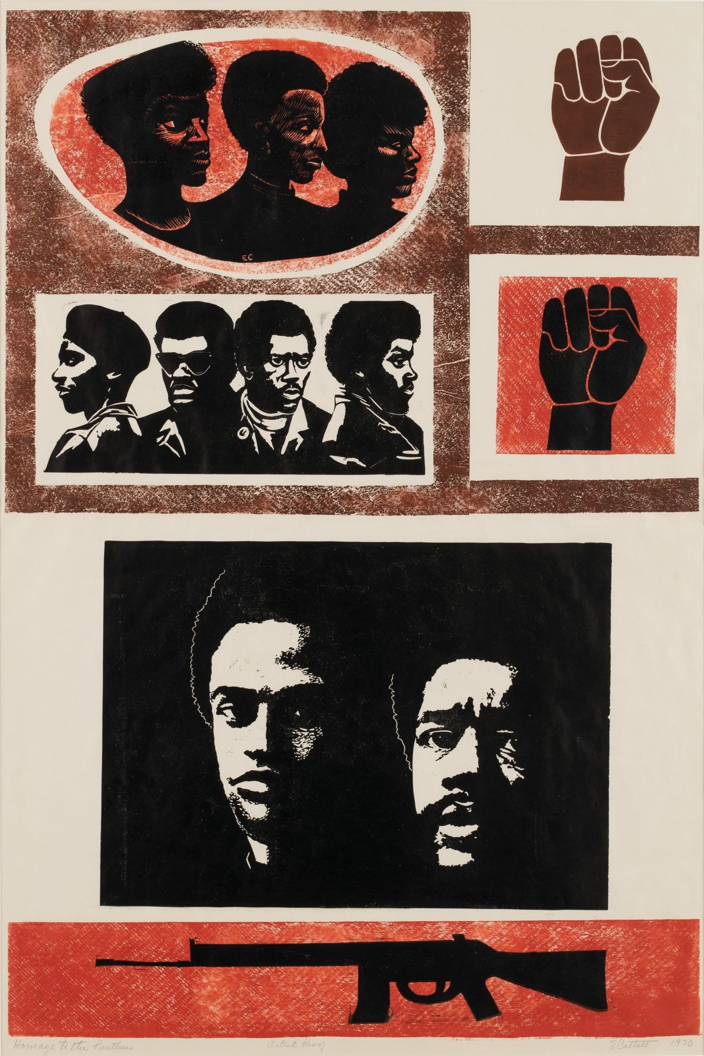 Silkscreen prints featuring several different vignettes: the heads of three Black women in an oval, the heads and shoulders of four Black men in a rectangle, two different raised fists in the symbol of Black Power, and two Black men's faces rendered in stark lighting, both looking directly at the viewer.