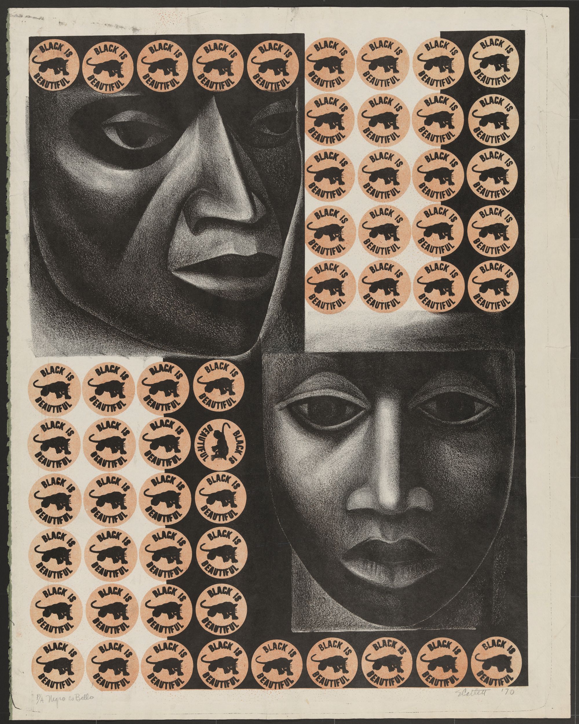 Print sectioned into four quadrants: the upper left and lower right feature lithographs of archaized African faces; and the upper right and lower left feature repeated circular stickers that feature a panther silhouette and the words "Black is beautiful"