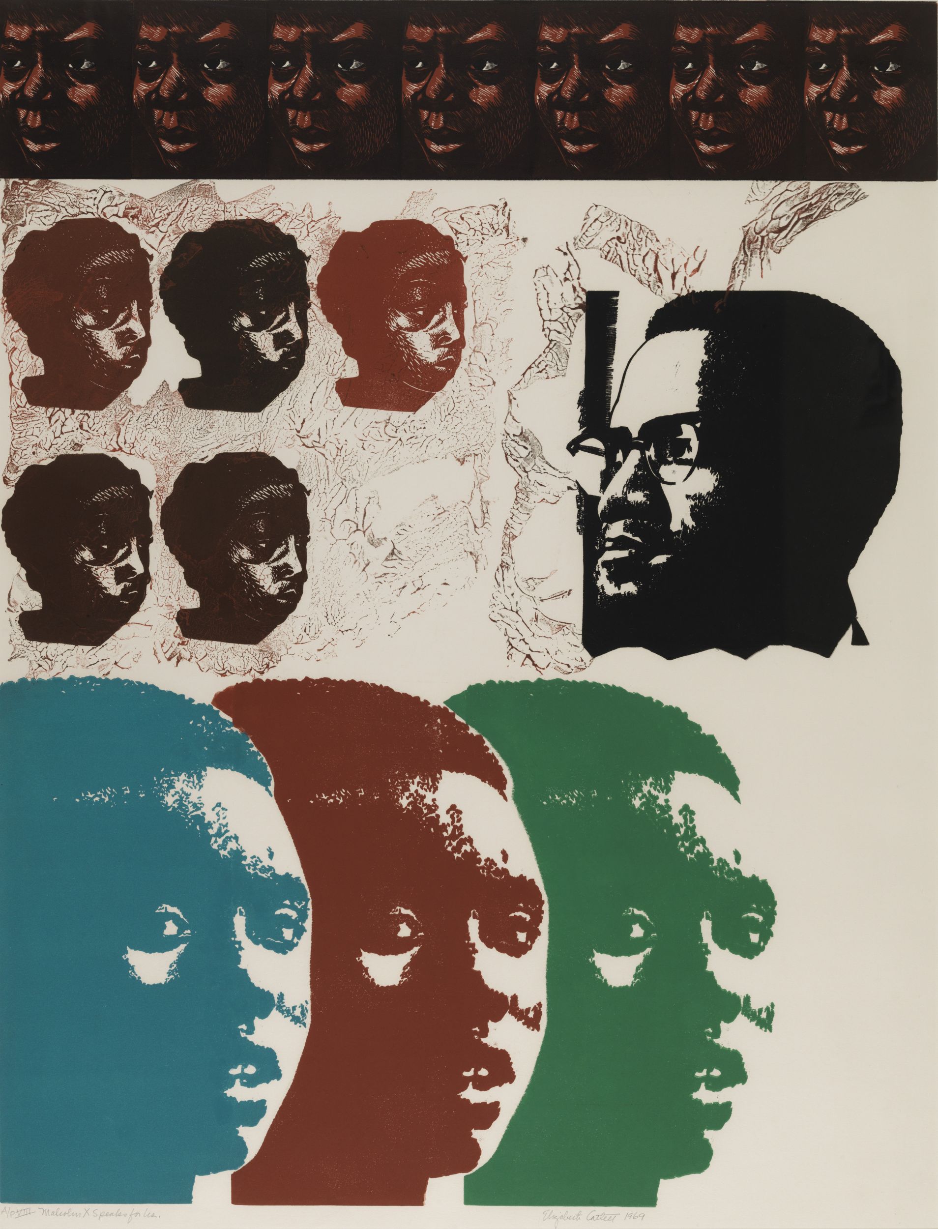 Silkscreen prints featuring three-quarter portrait heads of Black individuals. In the lower right, the same person is represented in blue, red-brown, and green ink.