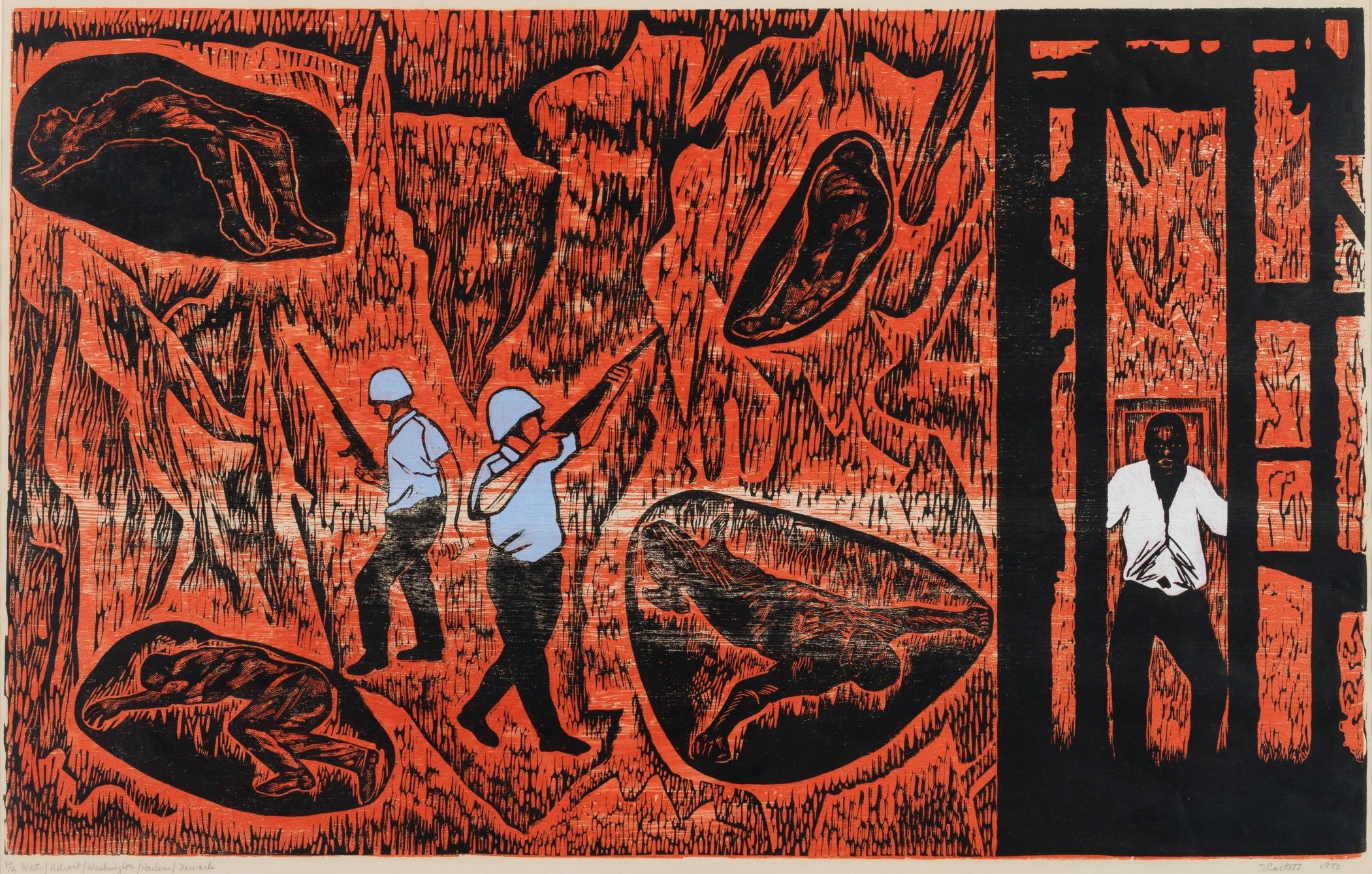 Print showing a dystopian scene in which the bodies of Black men are trapped in ovoid shapes while men with riot helmets and rifles point their weapons at them. To the right is a jail-like space with a standing Black man wearing a white shirt and dark pants.