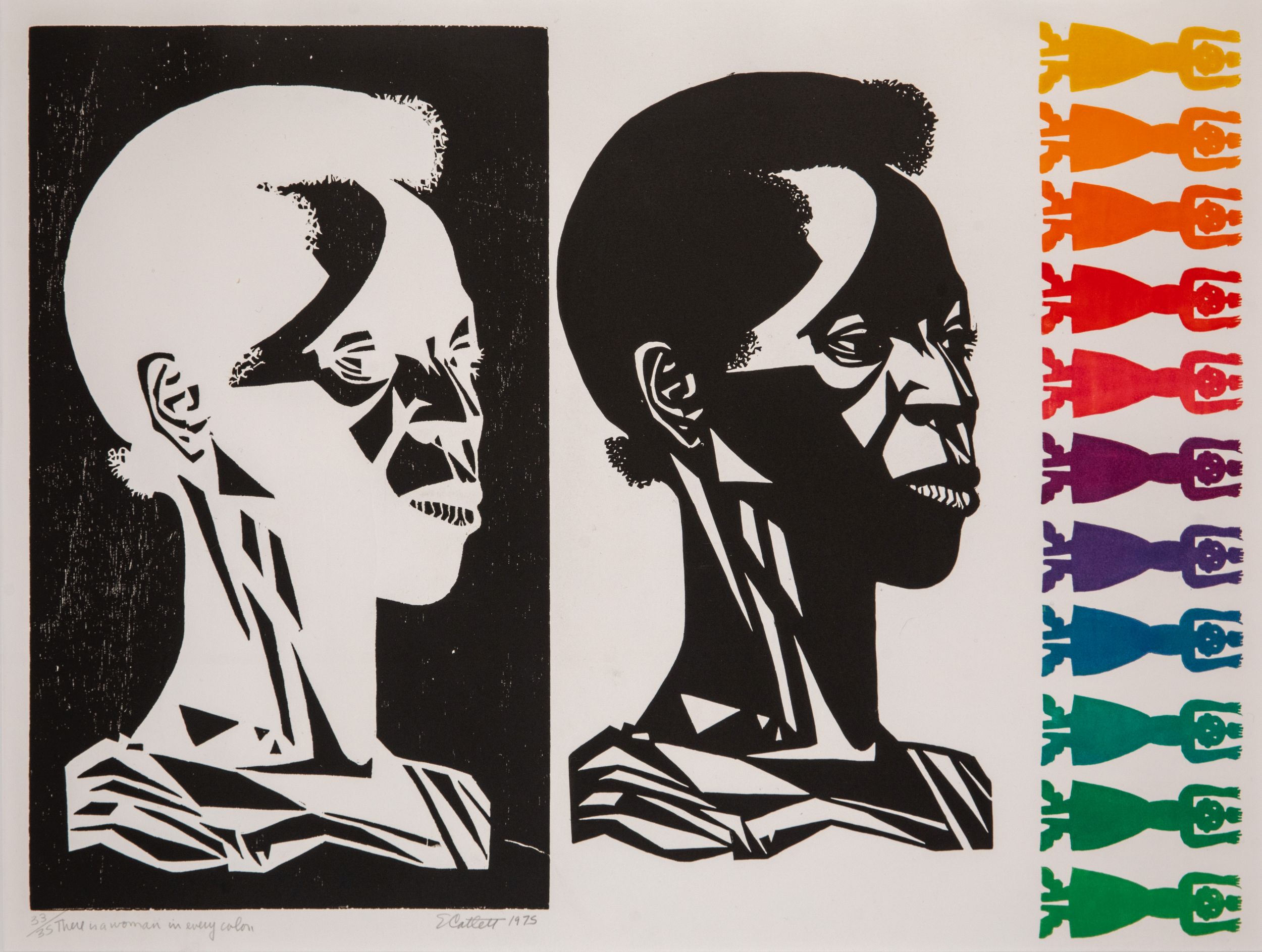 Linocut print featuring duplicate side-by-side portrait of a Black woman, one rendered in white on black and the other in black on white. To the right is a line of abstracted skirted female figures in rainbow colors, aligned vertically along the right edge of the paper.