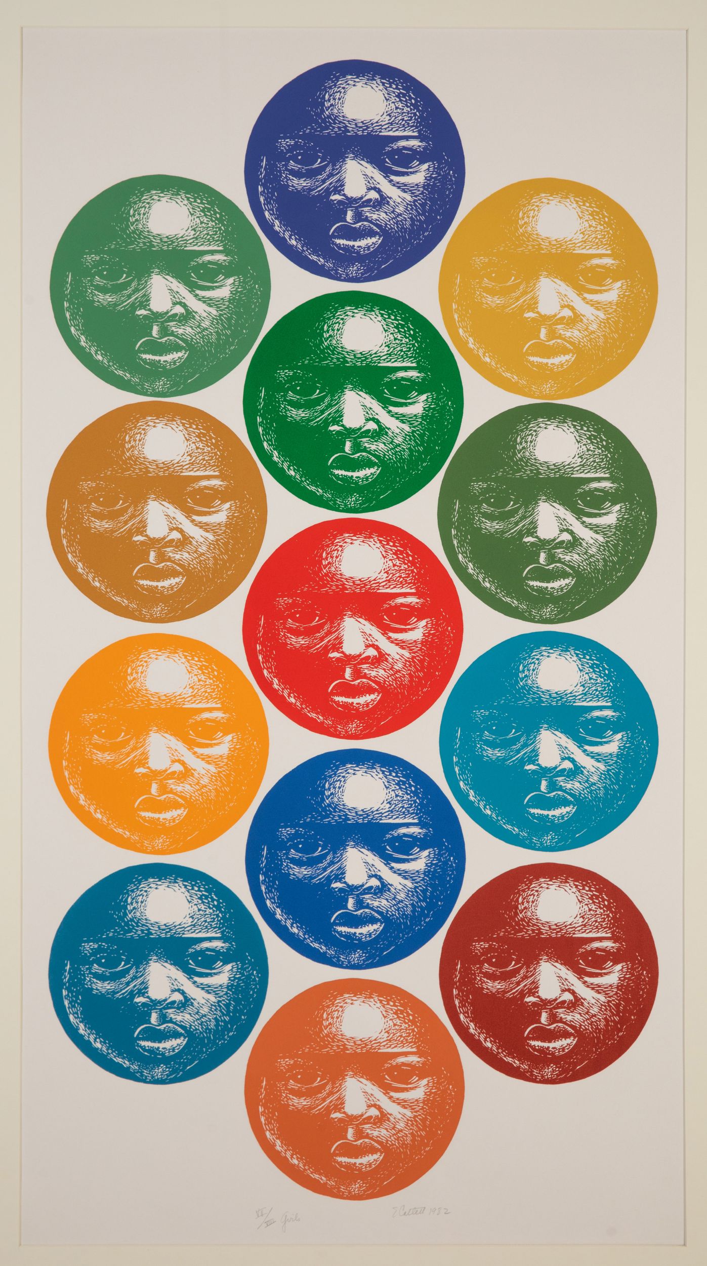 Multicolor print with vertically stacked circles inscribed with the same face, staring out at the viewer, in a variety of colors.