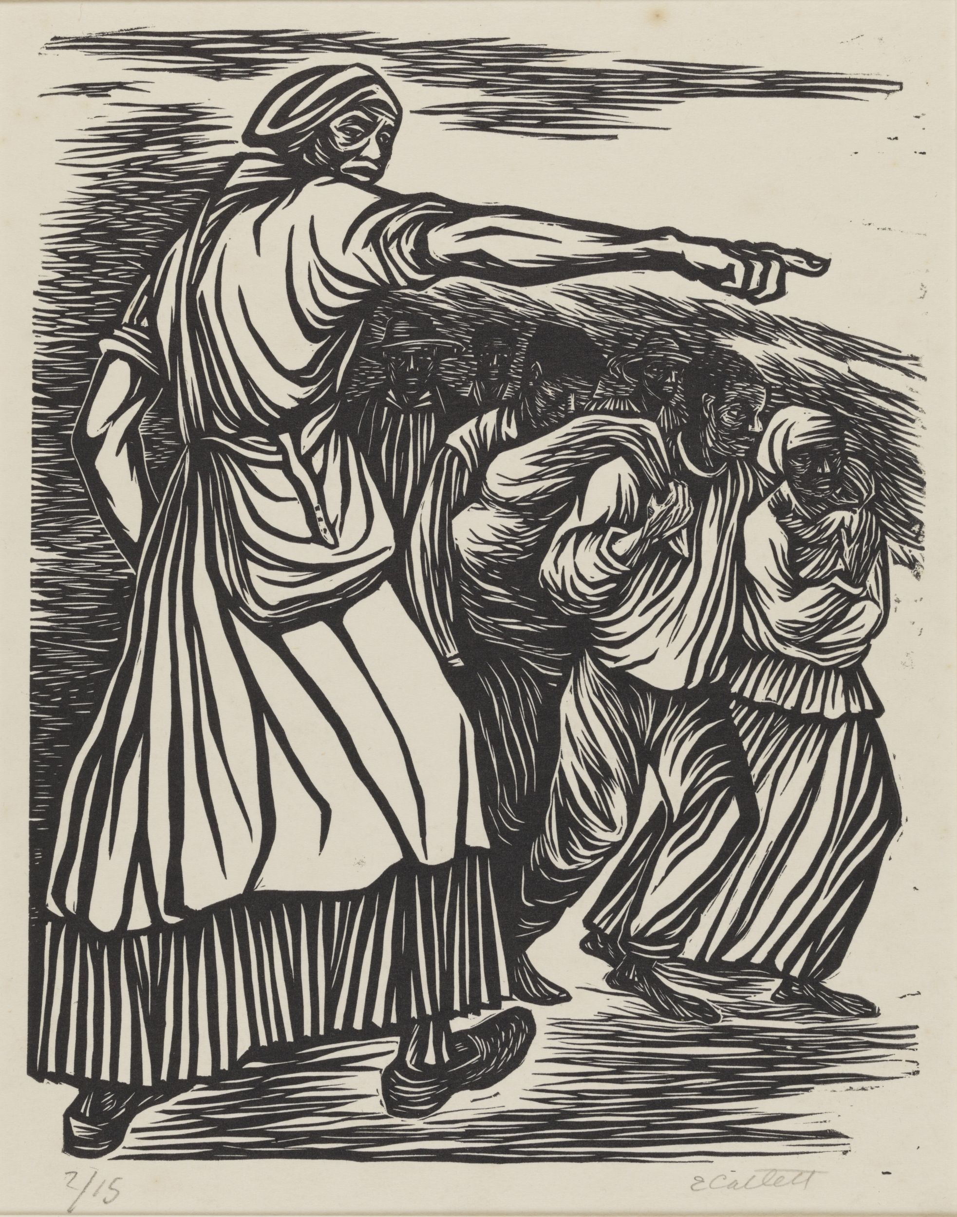 Black-and-white woodcut of a Black woman wearing a headscarf and a long dress, dircting a group of Black men and women with a pointing gesture.