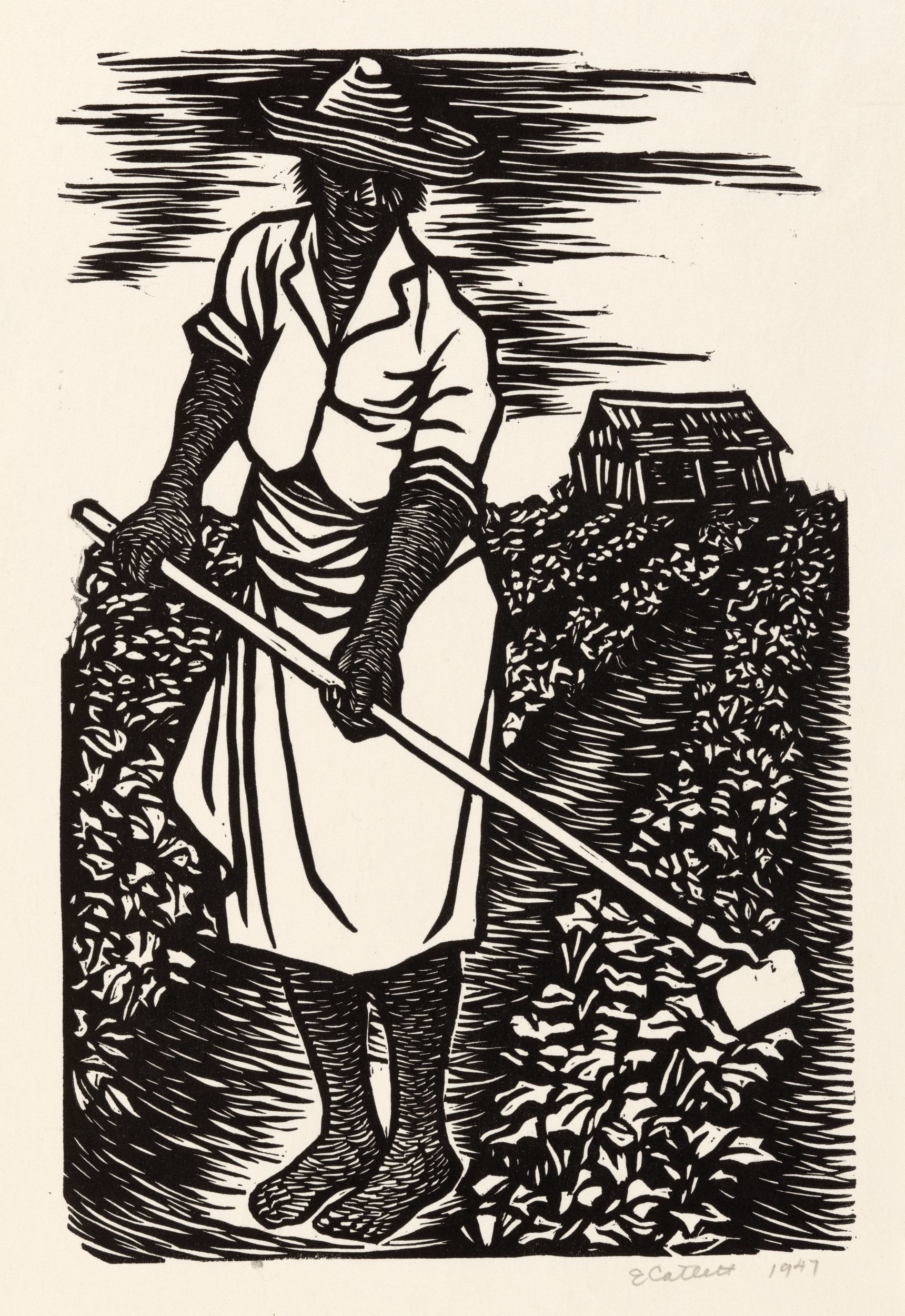 Black-and-white woodcut of a Black woman using a how in a field of plantings, wearing a headscarf, a shirtwaist, and a knee-length skirt.