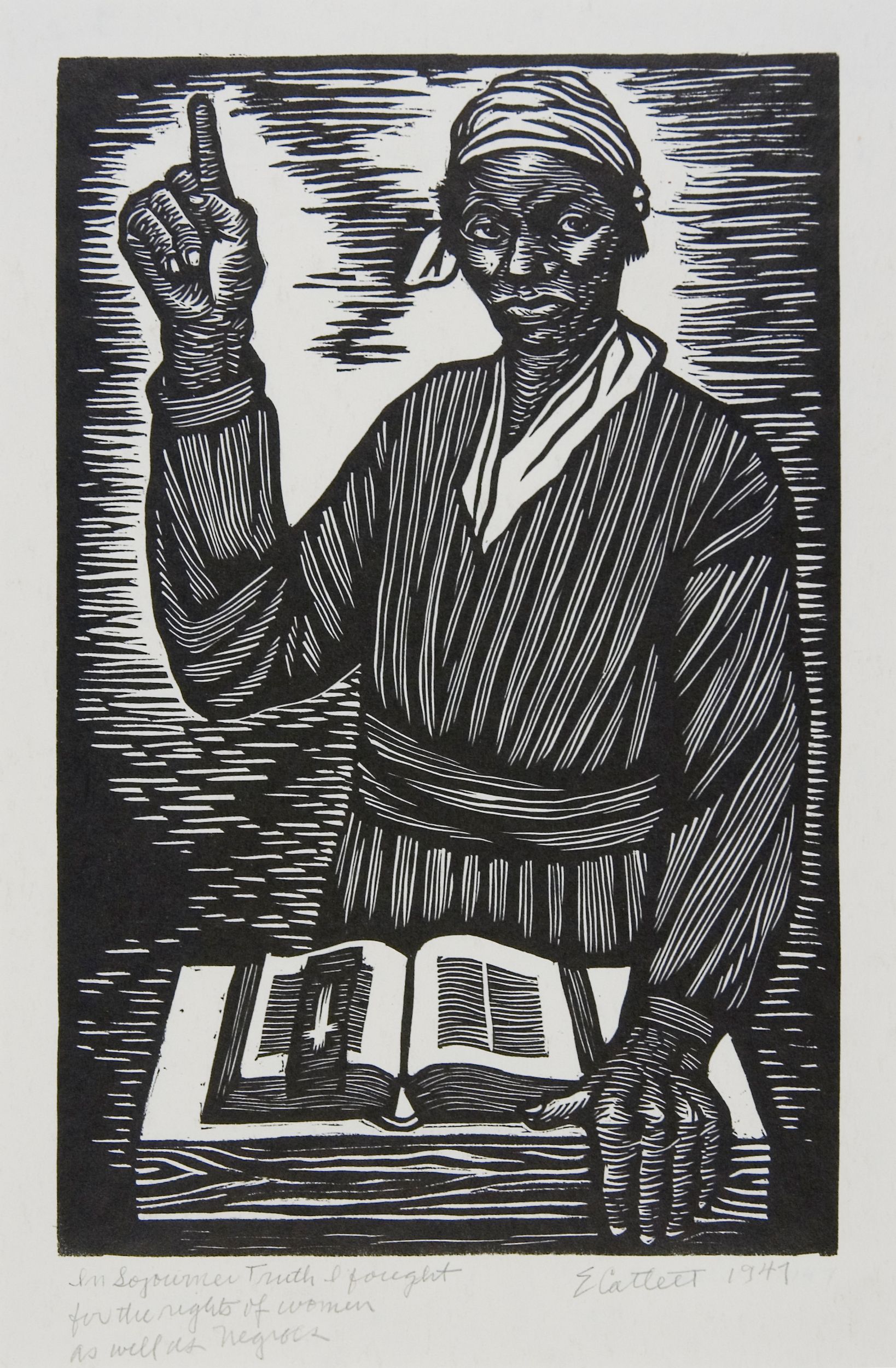 Black-and-white woodcut of a Black woman wearing a headscarf, standing in front of an open Bible on a tabletop, pointing her right hand toward the sky.