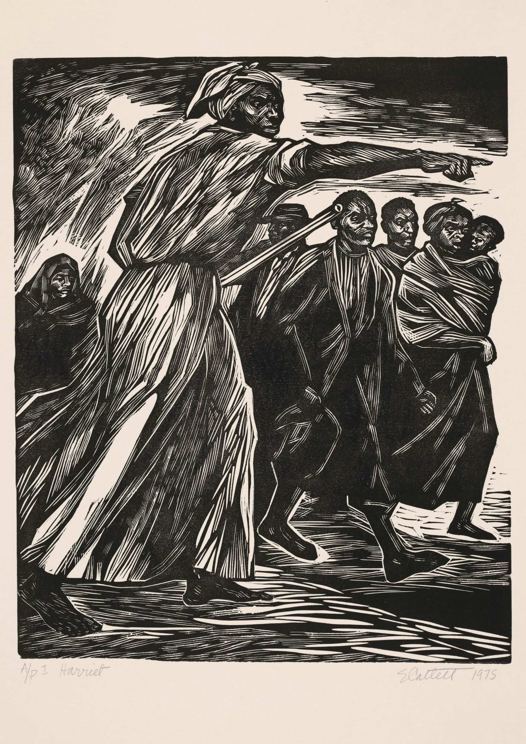 Black-and-white print of a woman in a landscape, holding a rifle, directing a group of Black people with a sweeping, pointing gesture.