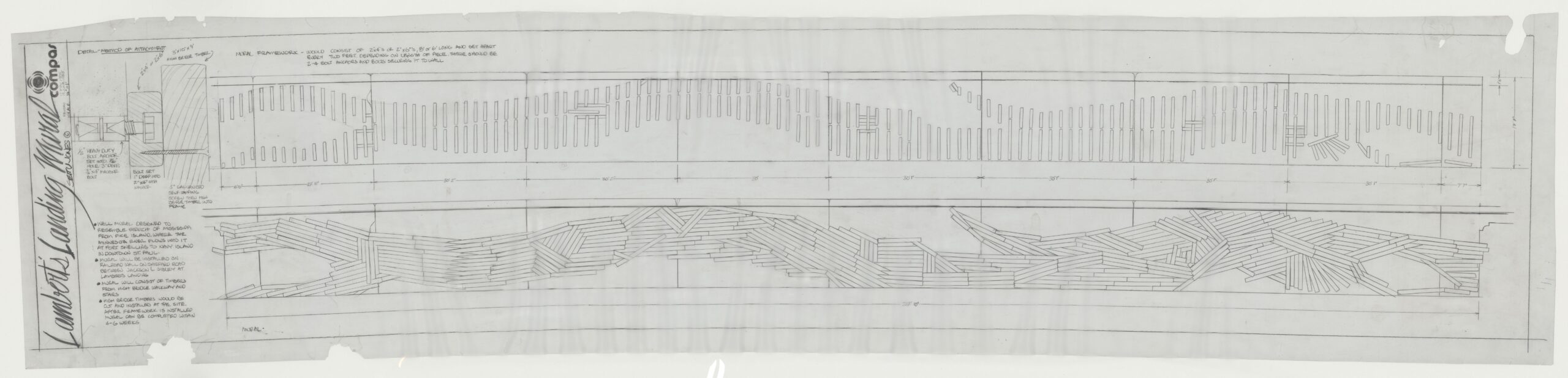 Long, horizontal schematic drawing showing a planned built structure of wood lathes meant to mimic the path of a river.