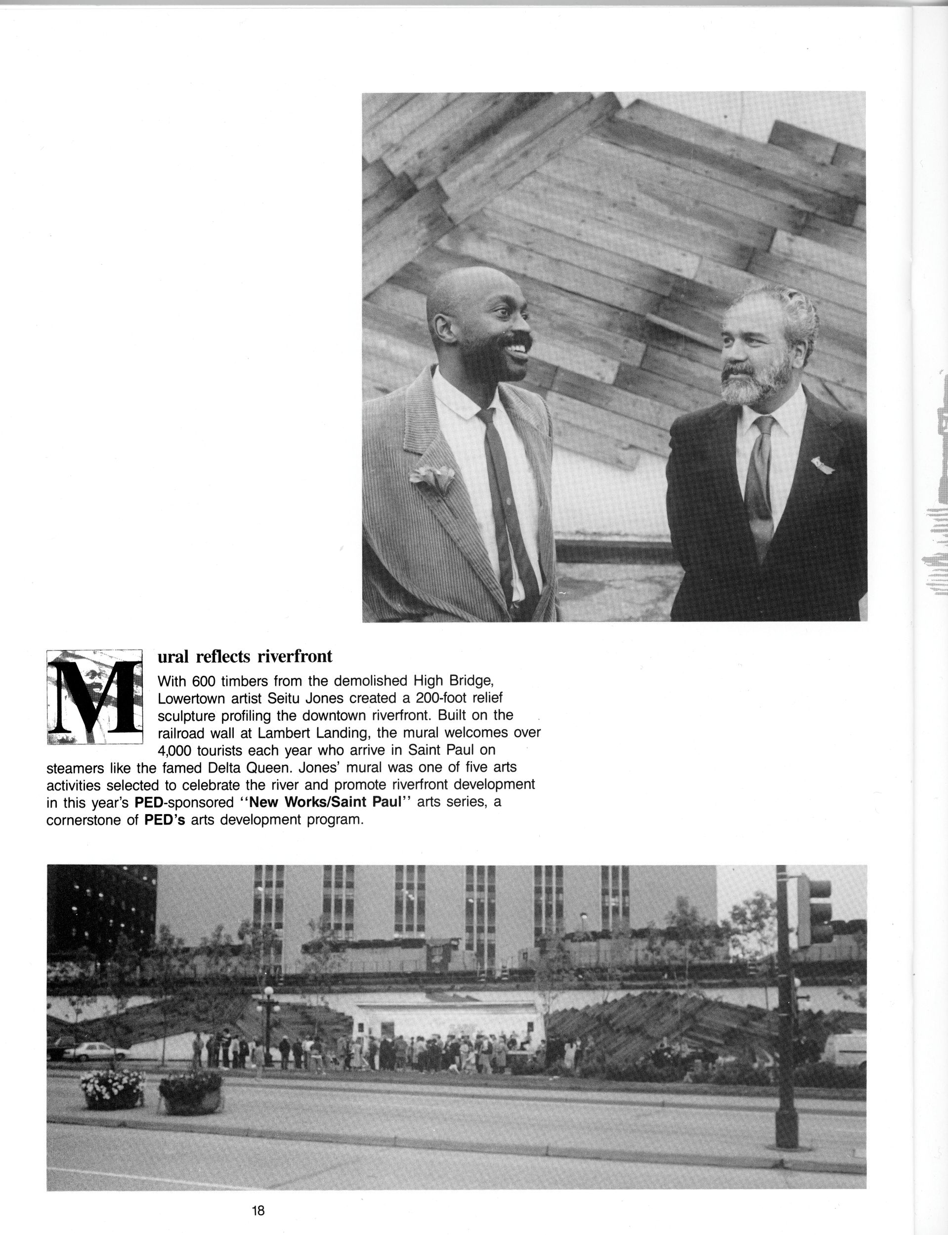 Page from a black-and-white publication with two photographs: one of a Black man and a white man, both in suits, smiling and conversing; another of the same mural in fig. 1. A short text has the header "Mural reflects riverfront."
