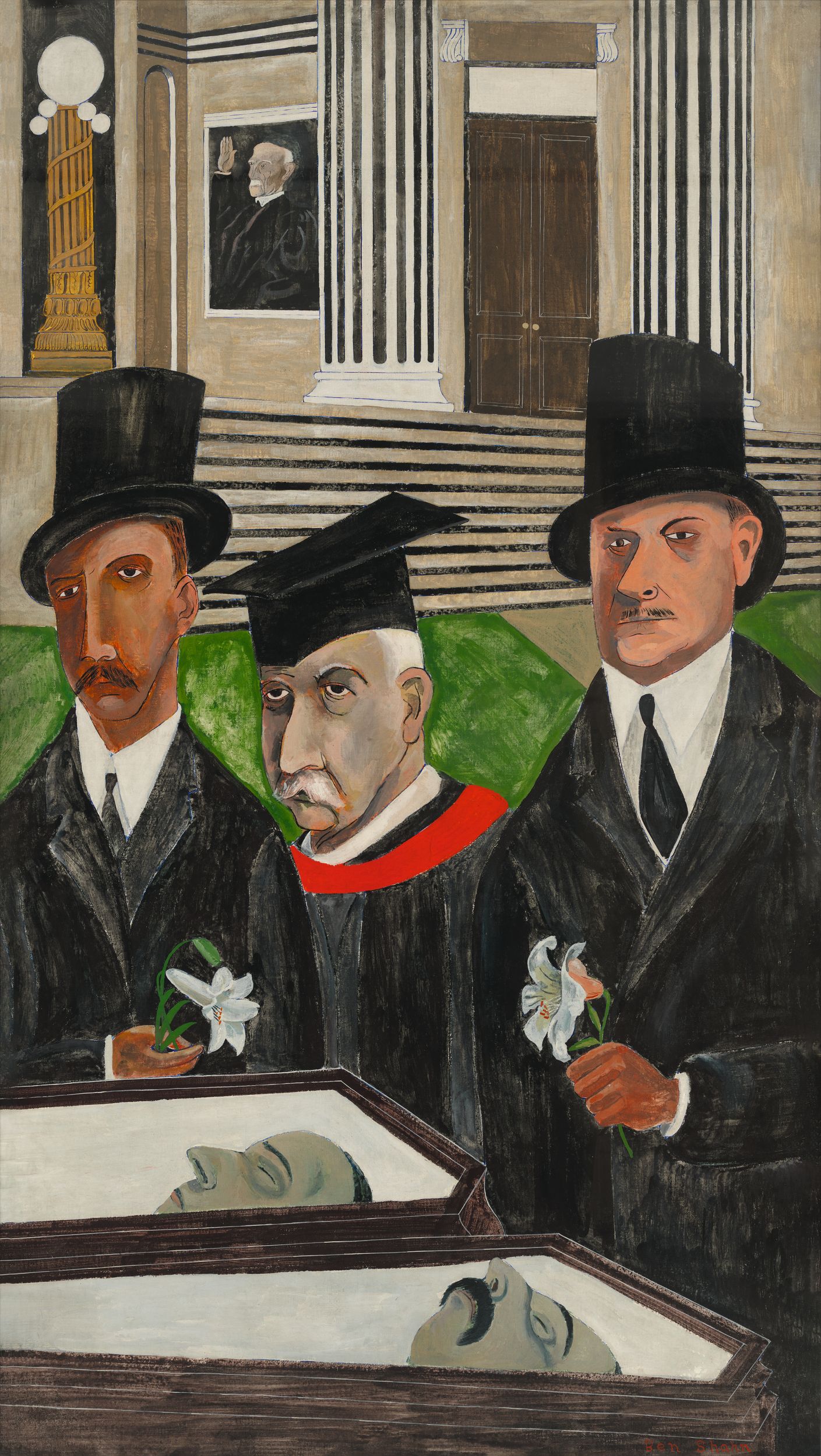 Painting of three men standing before two open coffins. Two of the standing men are wearing top hats and suits and carry calla lilies. The third, in the middle, is wearing a judge's robe and academic regalia.